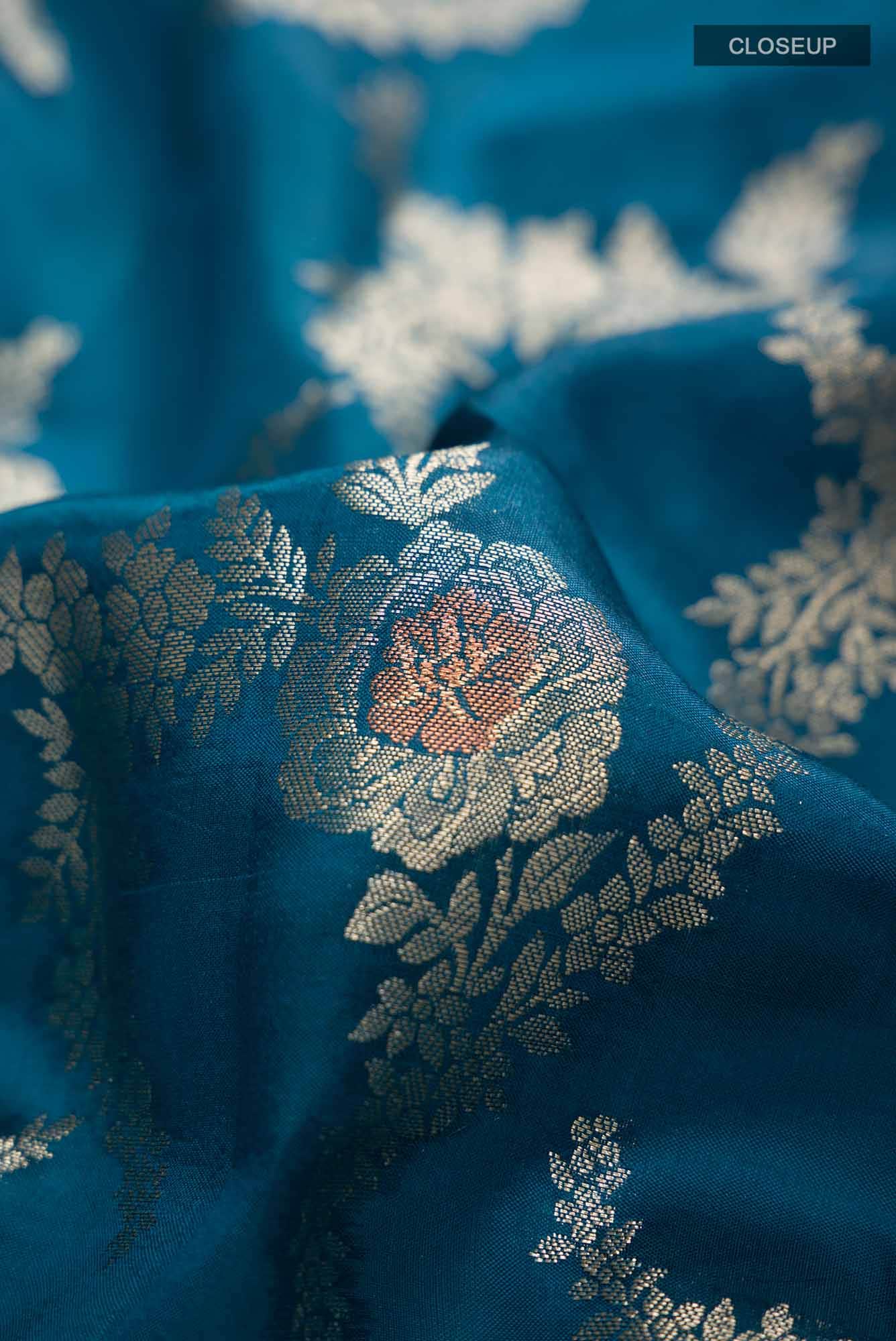 Blue Banarasi Raw Silk Saree with contrast zari border