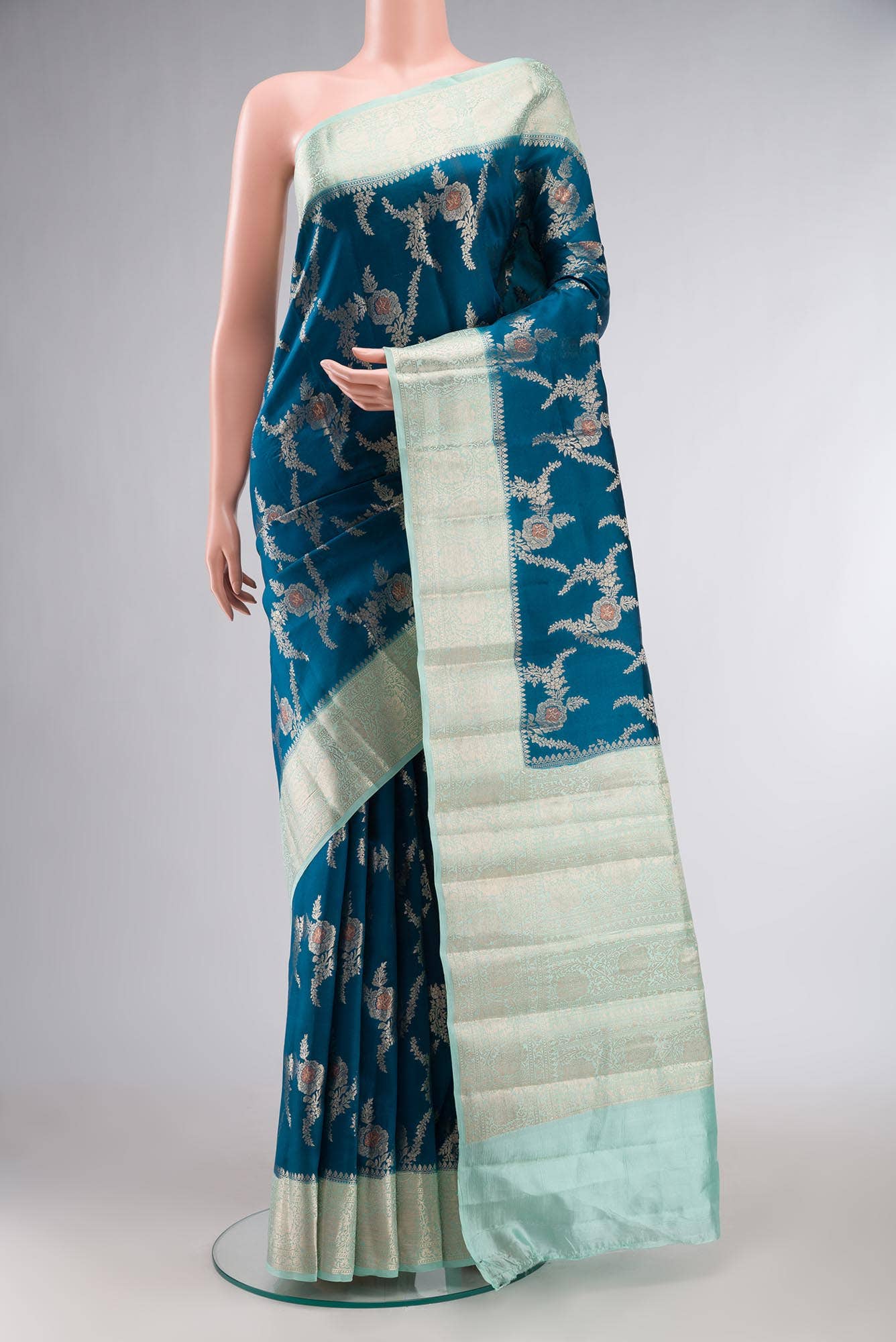 Blue Banarasi Raw Silk Saree with contrast zari border