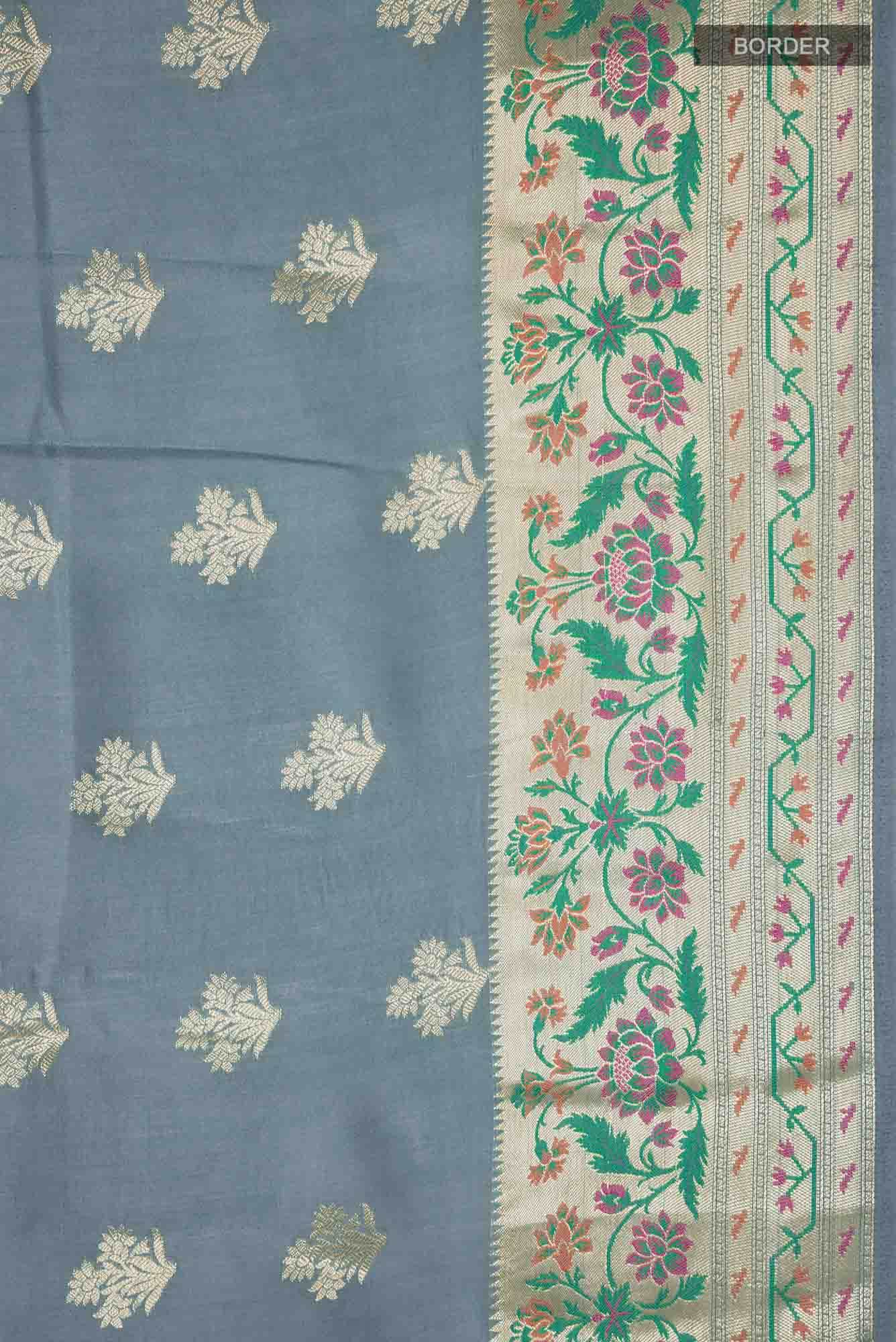 Blue Grey Banarasi Raw Silk Saree with zari border