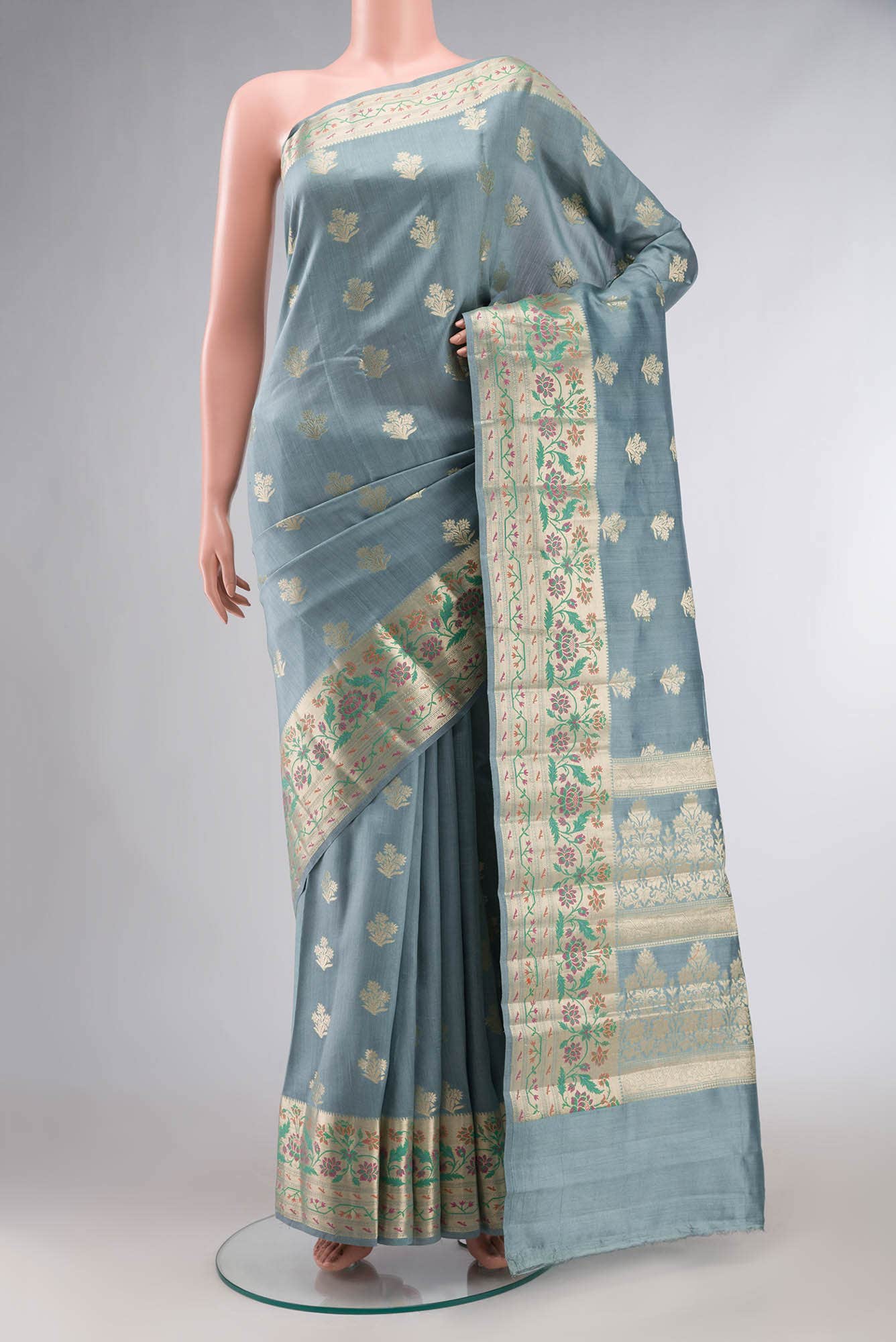 Blue Grey Banarasi Raw Silk Saree with zari border