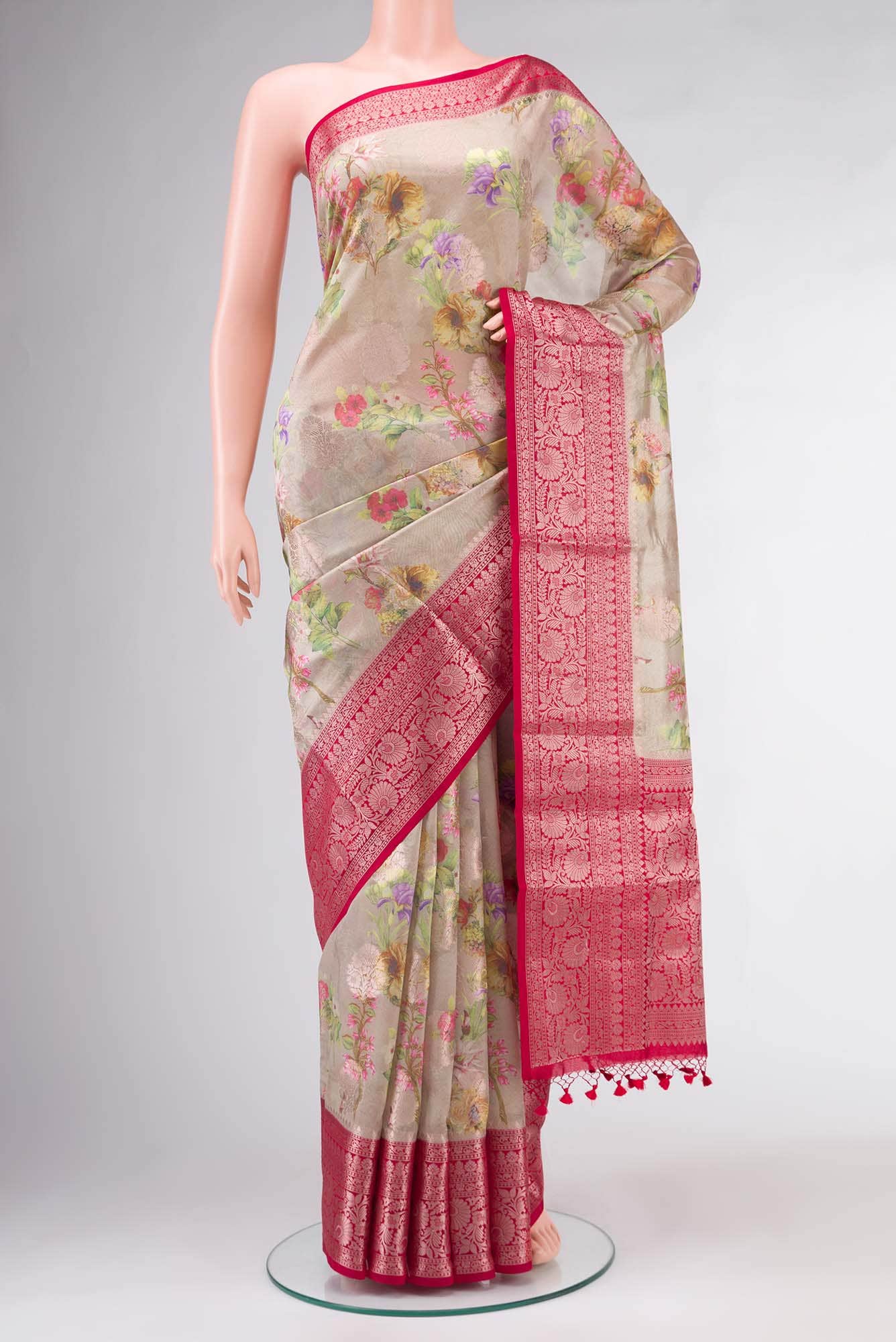 Beige Printed Silk Saree with contrast border