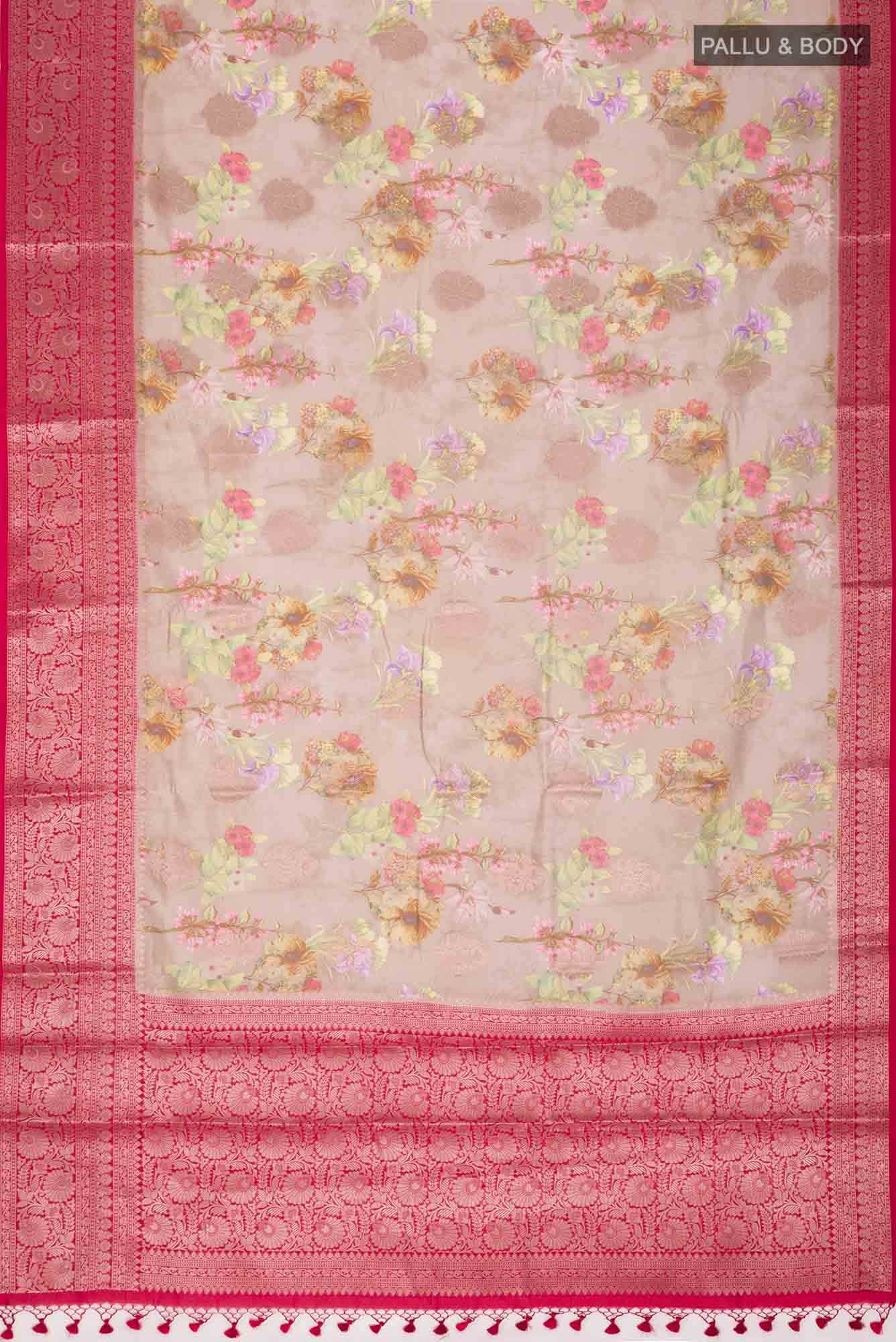 Beige Printed Silk Saree with contrast border