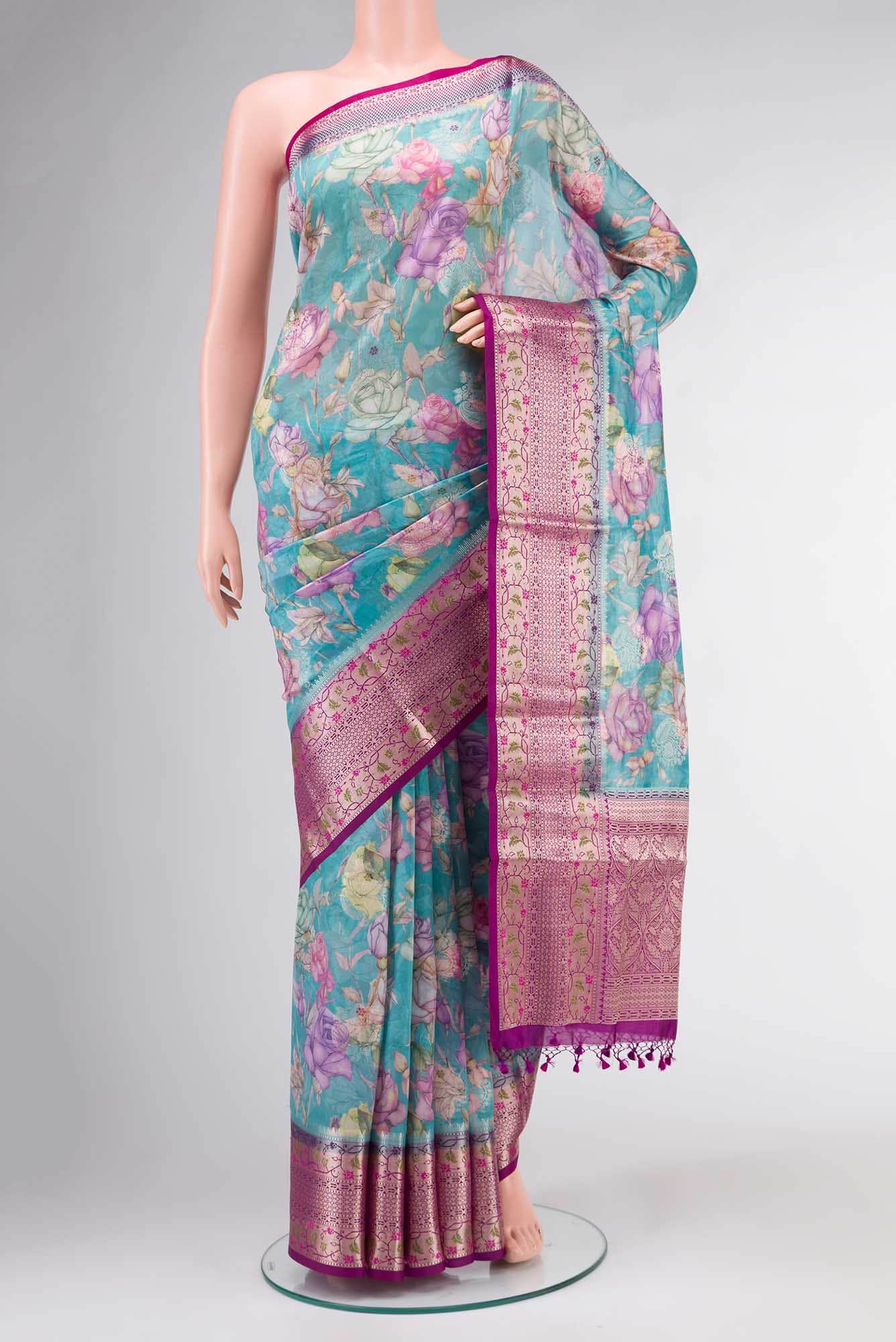 Blue Printed saree with zari border
