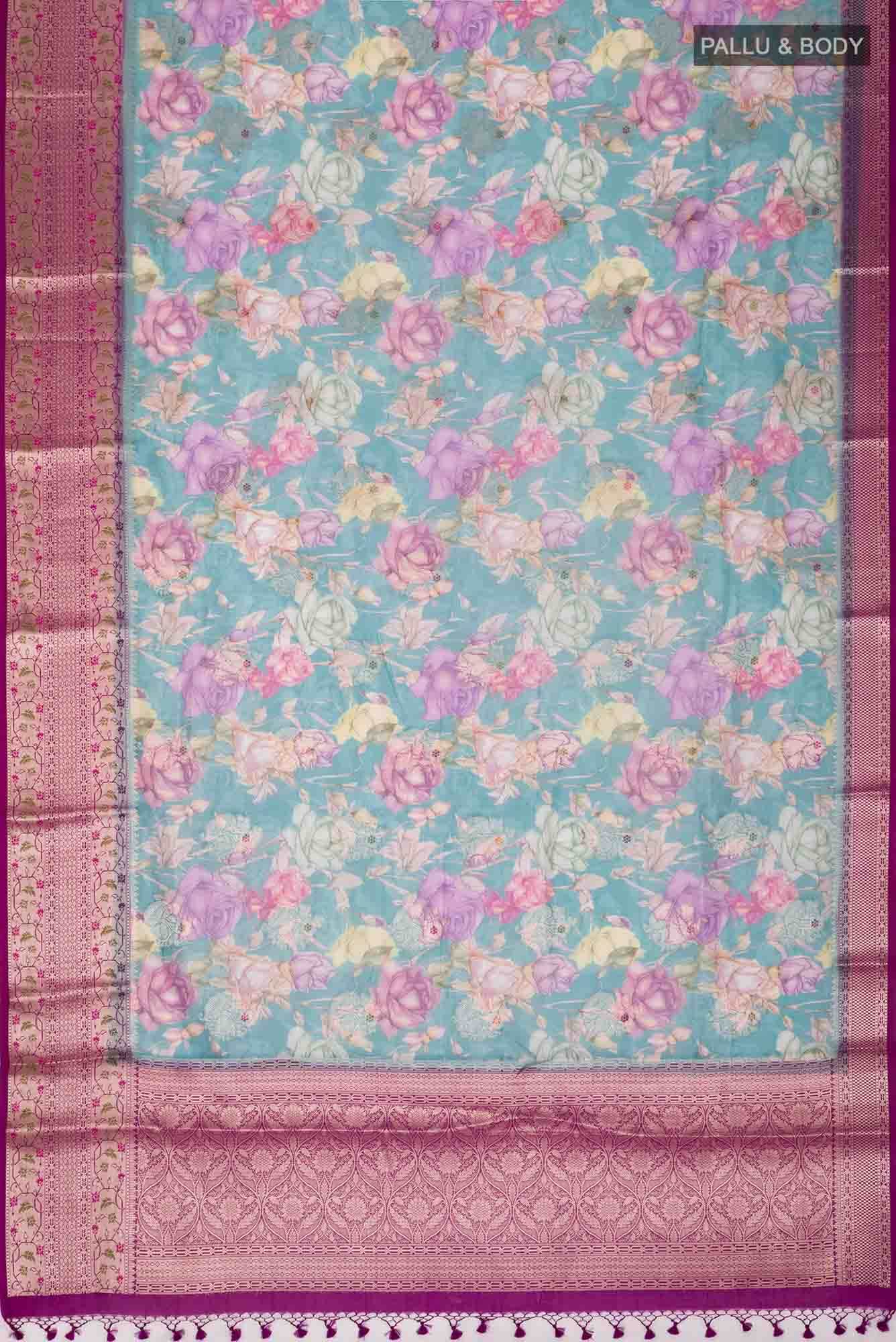 Blue Printed saree with zari border