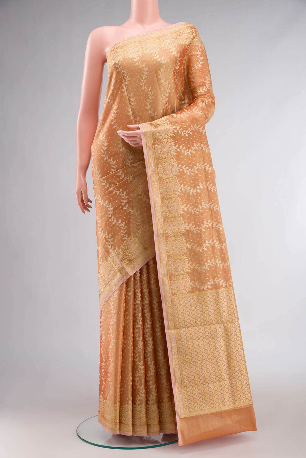 Orange Banarasi Silk Cotton Saree with zari border