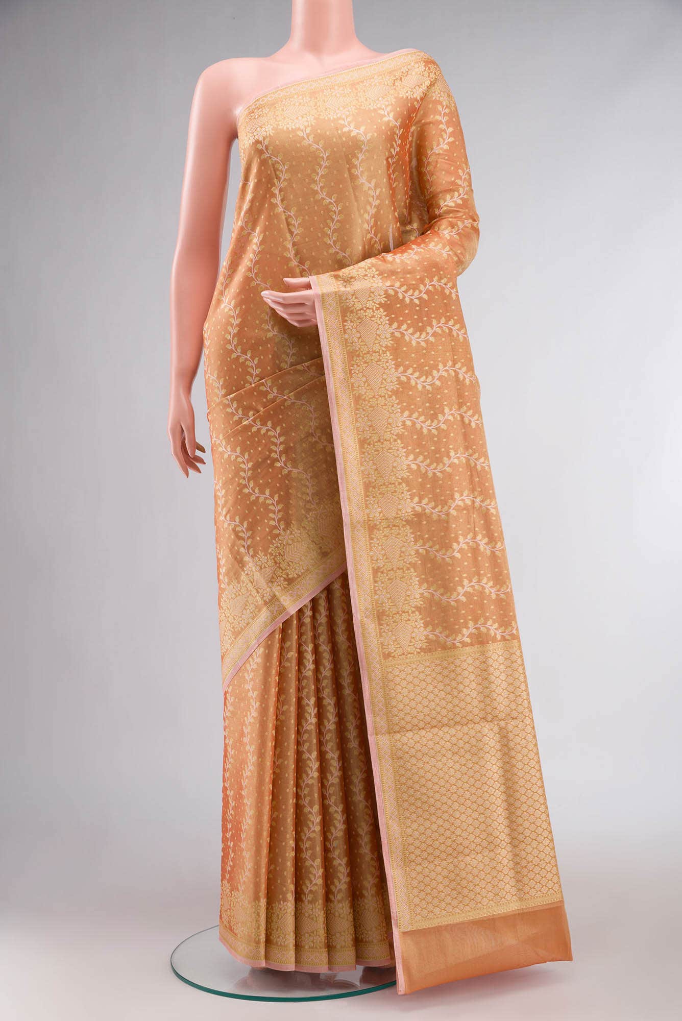 Orange Banarasi Silk Cotton Saree with zari border