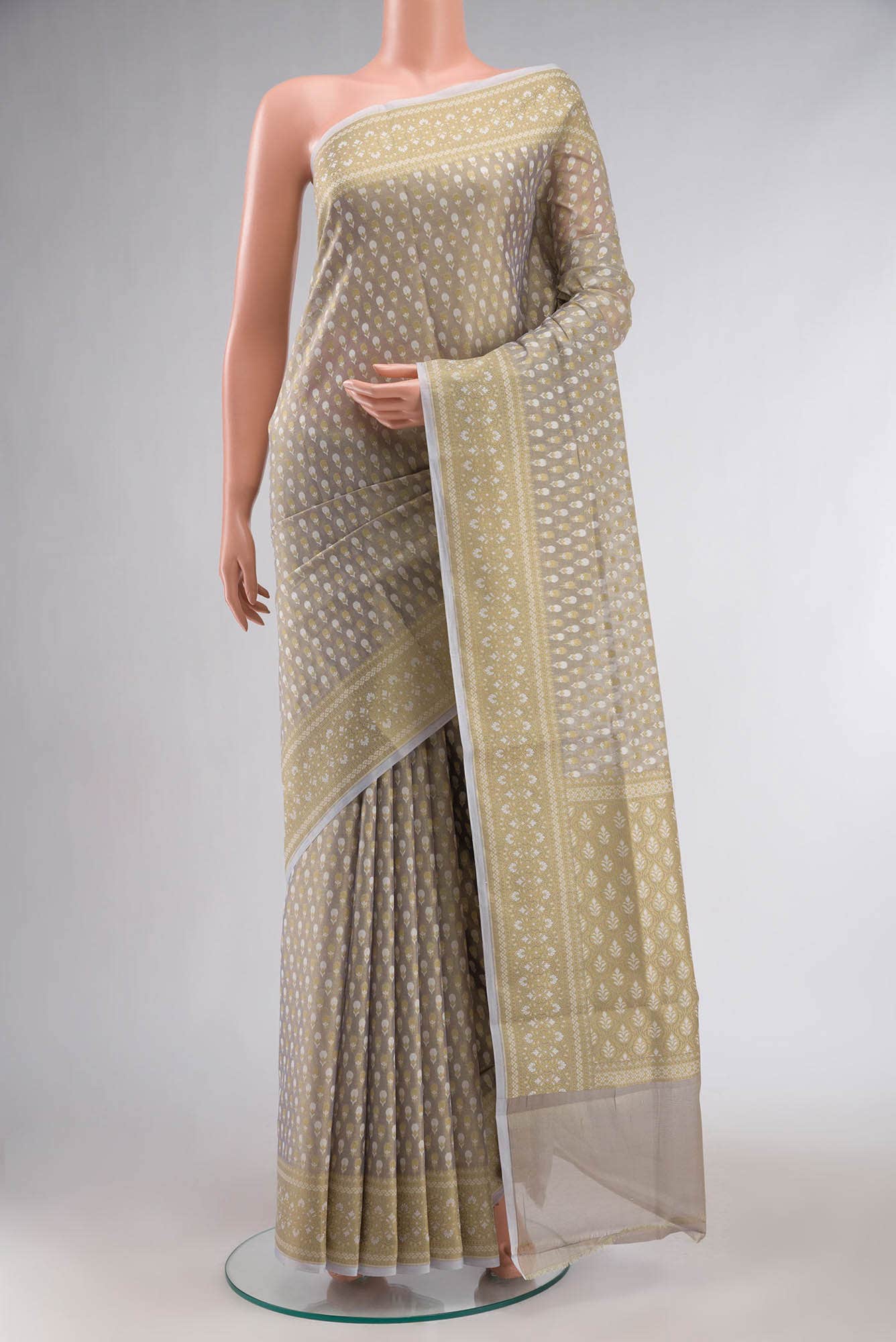 Grey Banarasi Silk Cotton Saree with contrast zari border