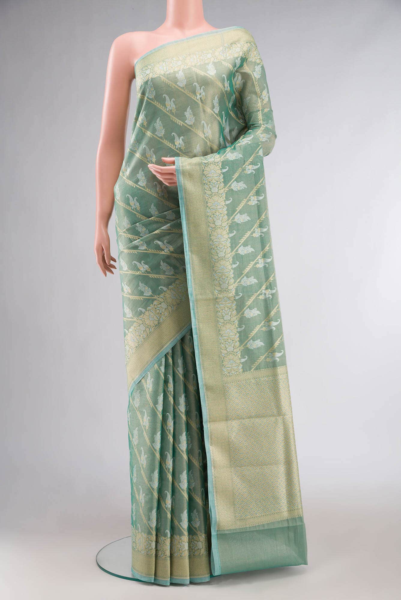 Green Banarasi Silk Cotton Saree with zari border