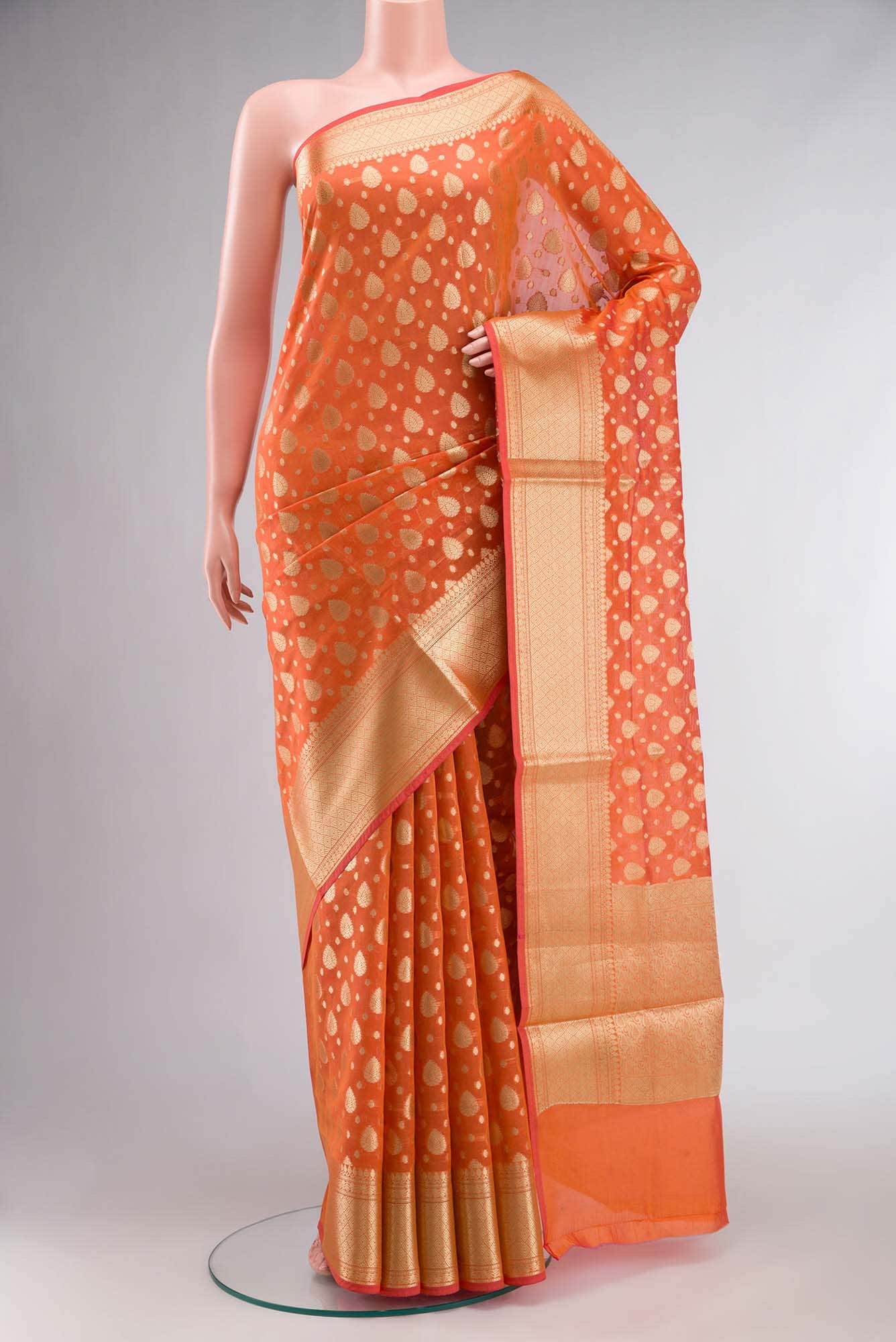 Orange Banarasi Silk Cotton Saree with contrast zari border