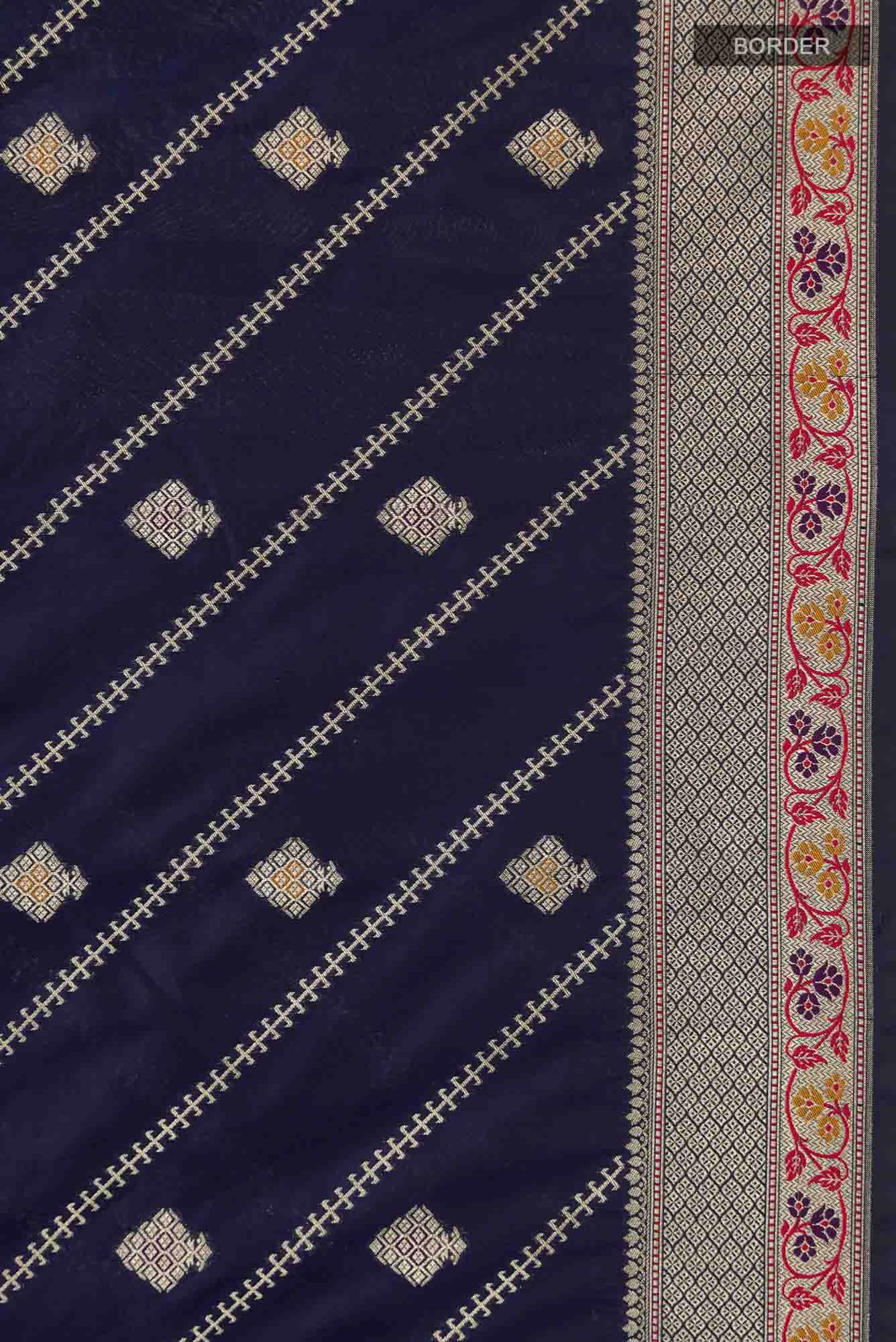 Navy Blue Banarasi Silk Saree With zari border