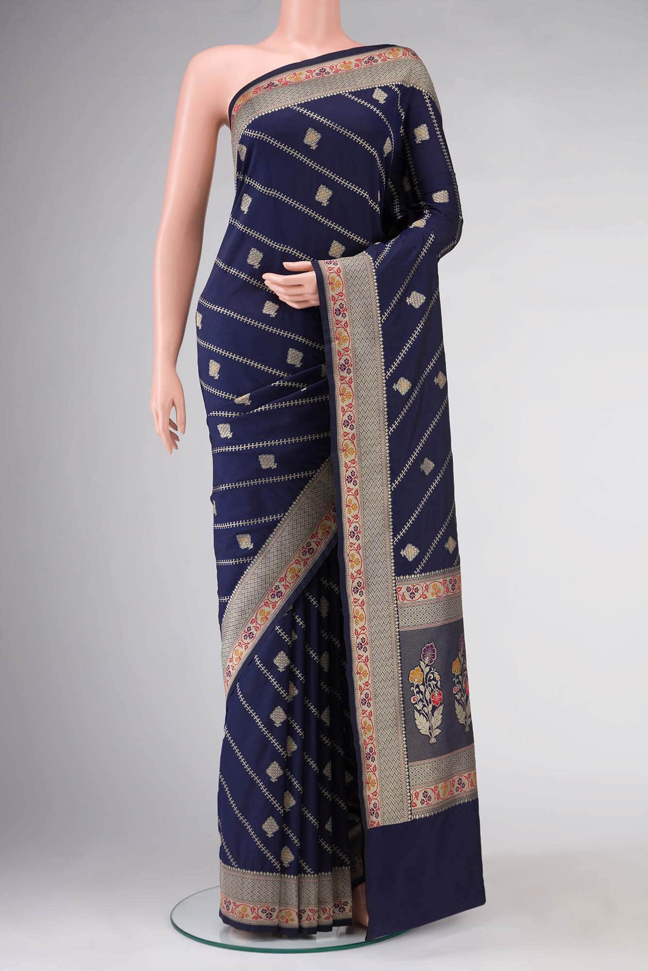 Navy Blue Banarasi Silk Saree With zari border