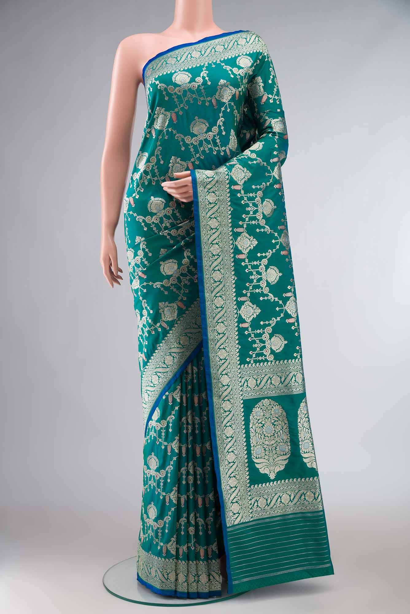 Blue with Green Dual Tone Banarasi Silk Saree With zari border
