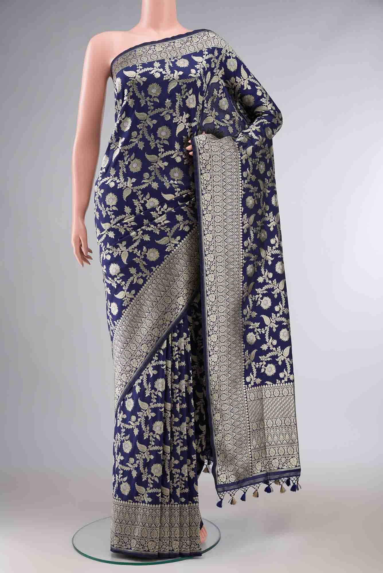 Navy Blue Brocade Banarasi Silk Saree with zari border