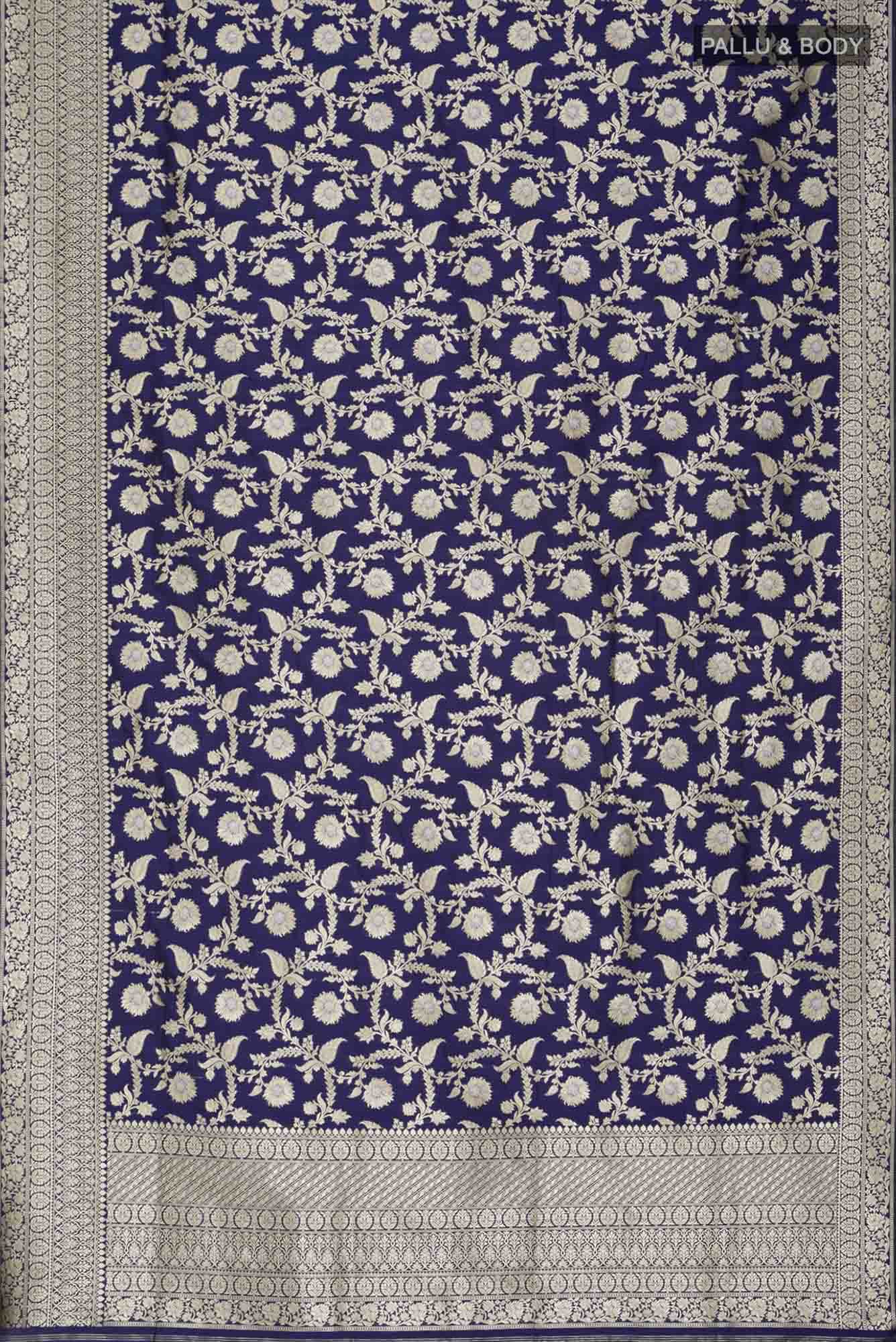 Navy Blue Brocade Banarasi Silk Saree with zari border