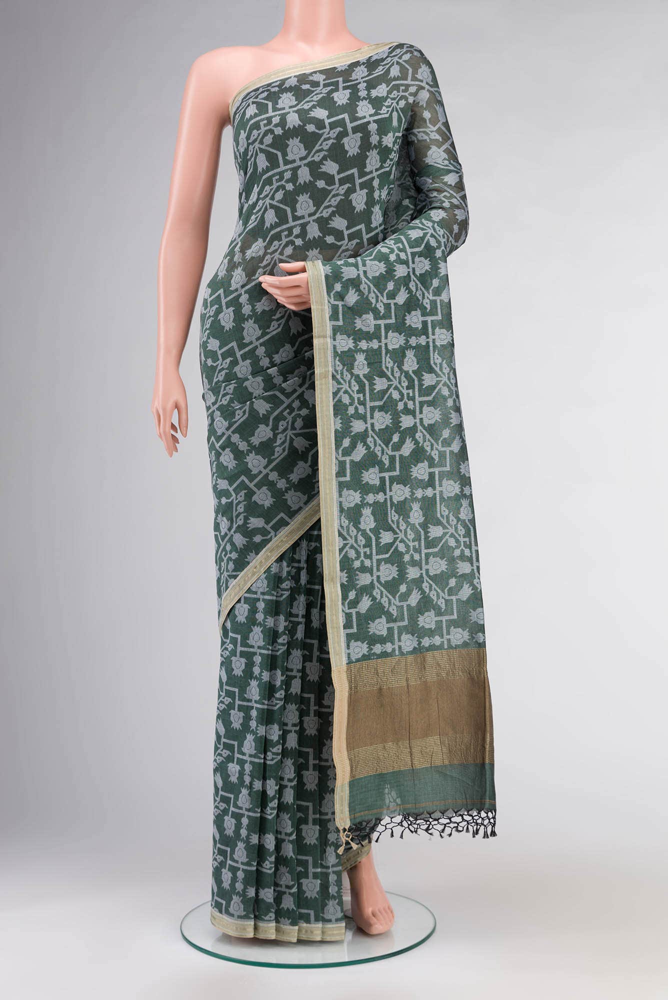 Binodini-Pine Green Bengal Cotton saree