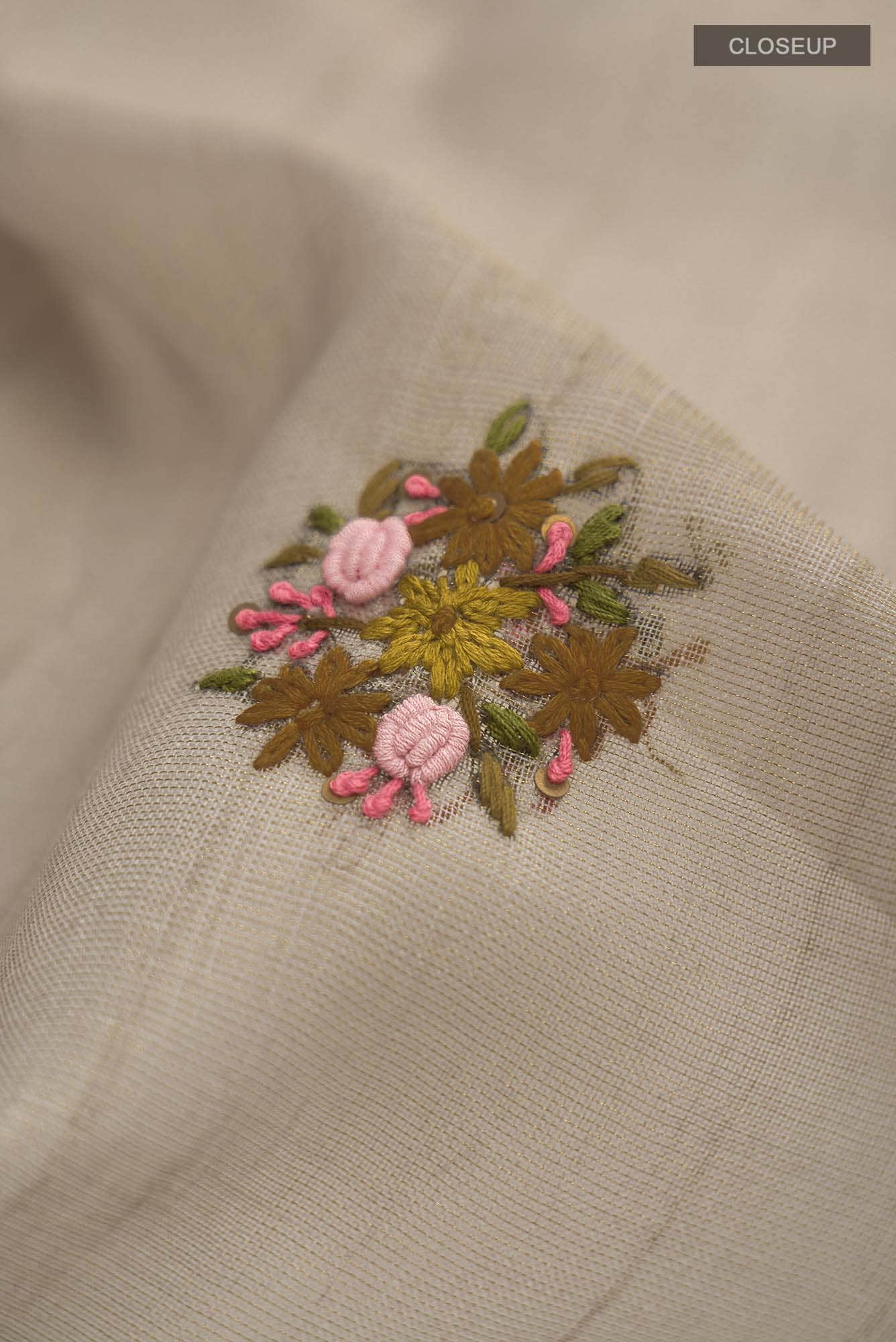 Beige Blended Linen Cotton Saree