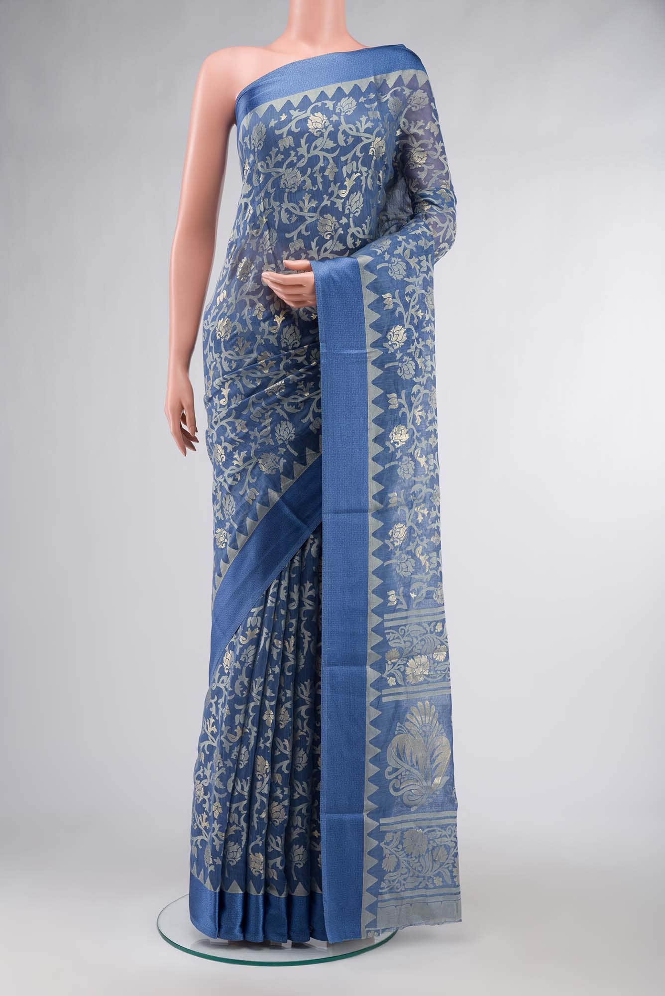Blue Blended Silk Cotton Saree