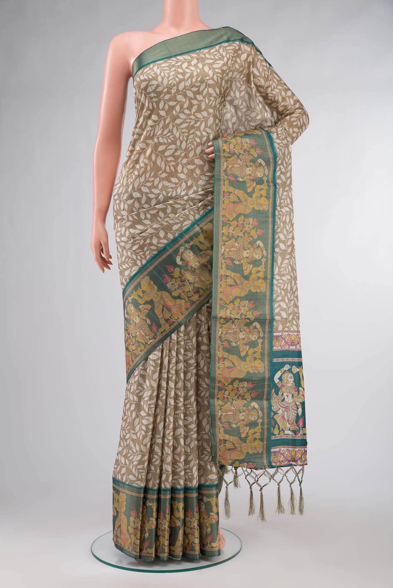 Beige Blended Tussar Silk Saree