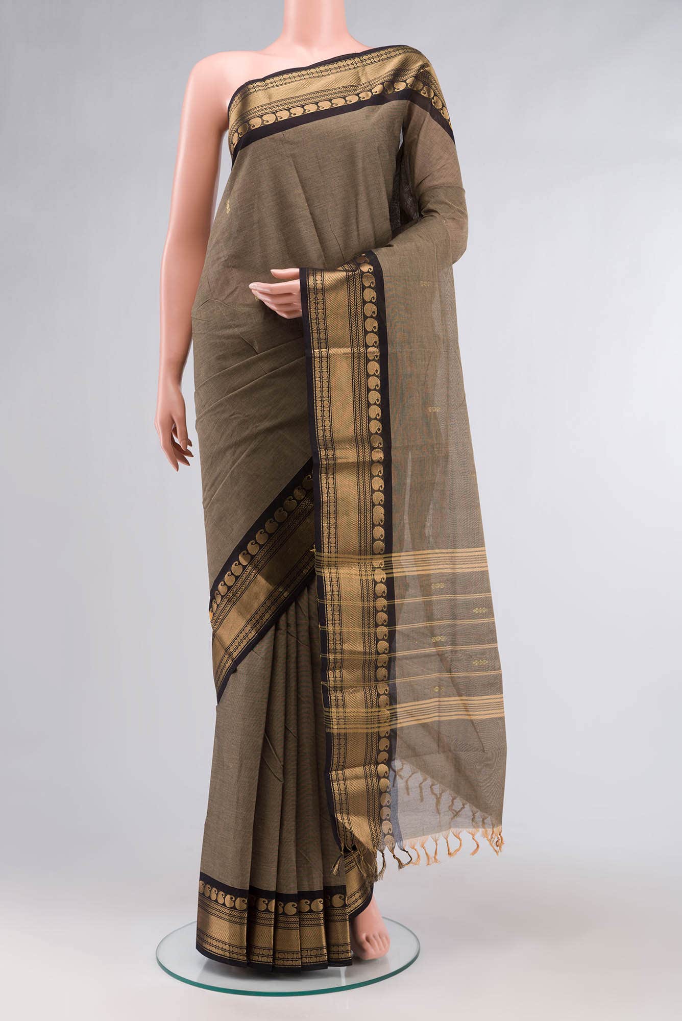 Beige with Black Dual Tone Kanchi Cotton Saree