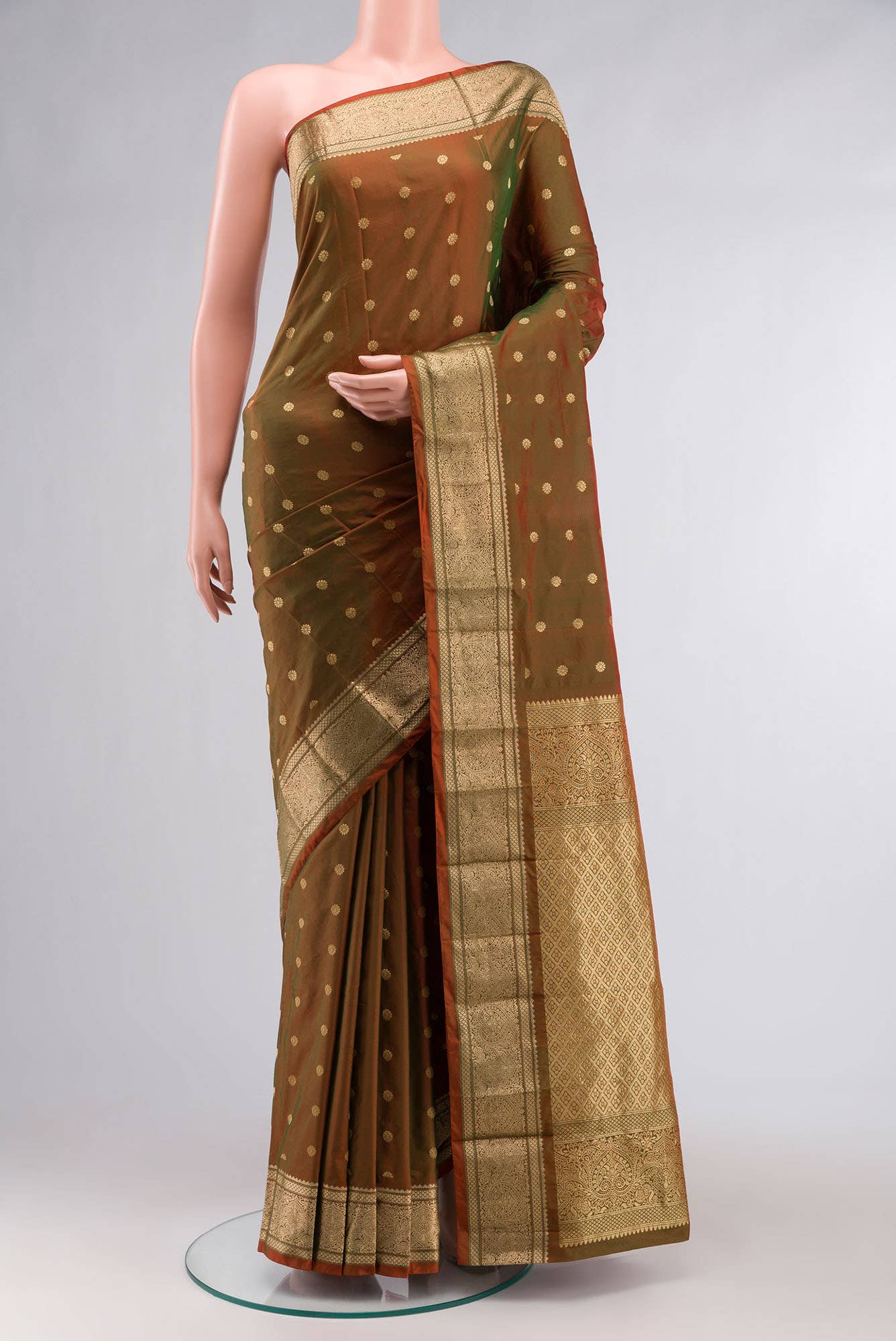 Green with Orange Dual Tone Blended Bangalore Silk Saree