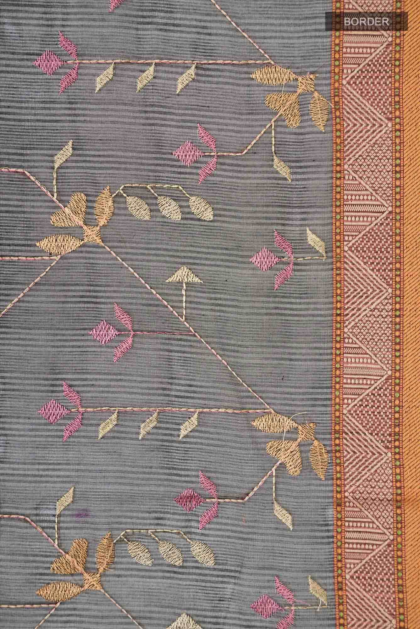 Black Thread Embroidered Kota Cotton Saree with Contrast Border