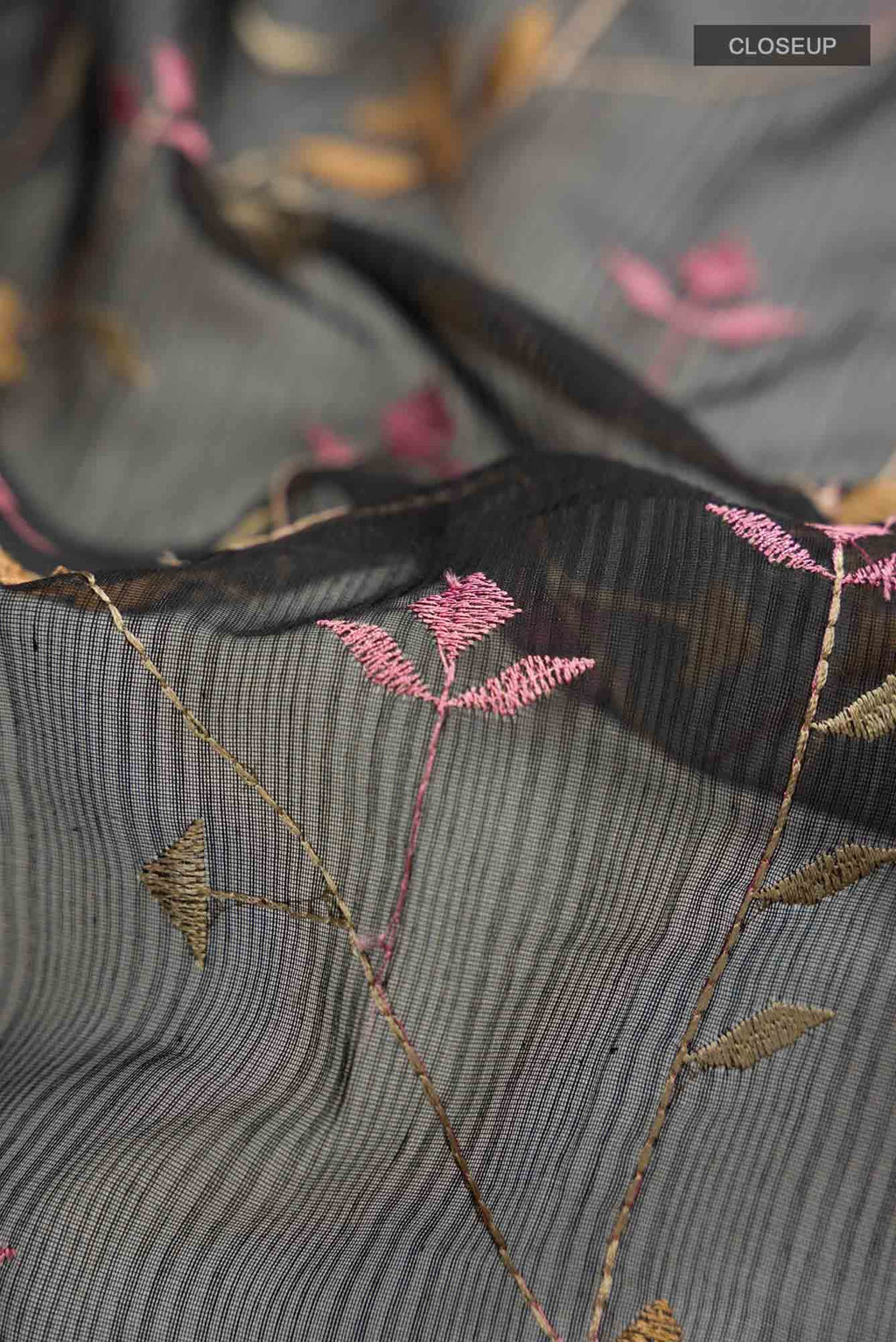 Black Thread Embroidered Kota Cotton Saree with Contrast Border