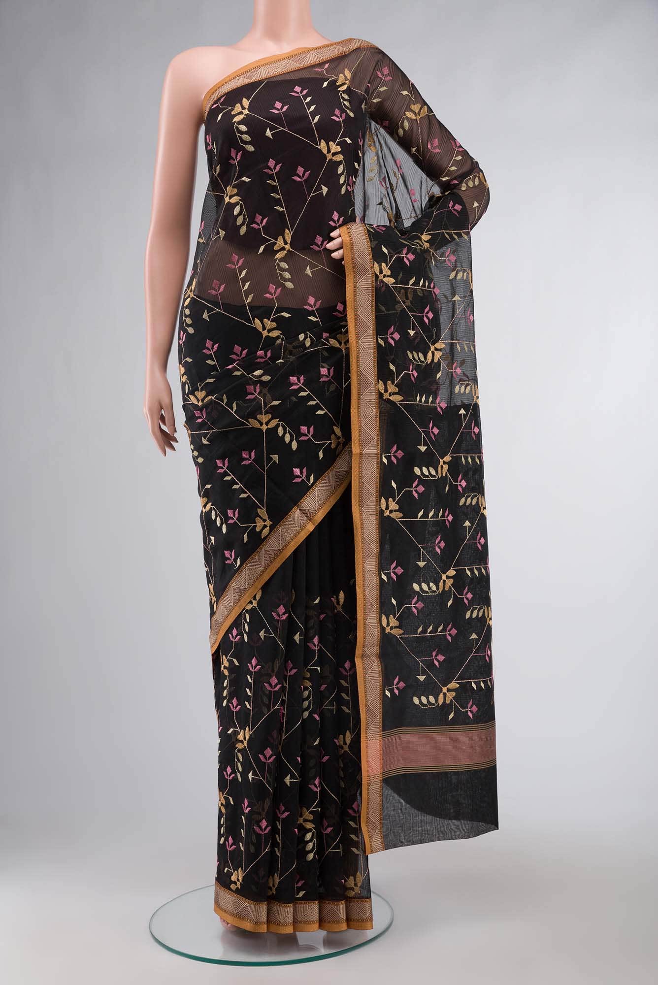 Black Thread Embroidered Kota Cotton Saree with Contrast Border