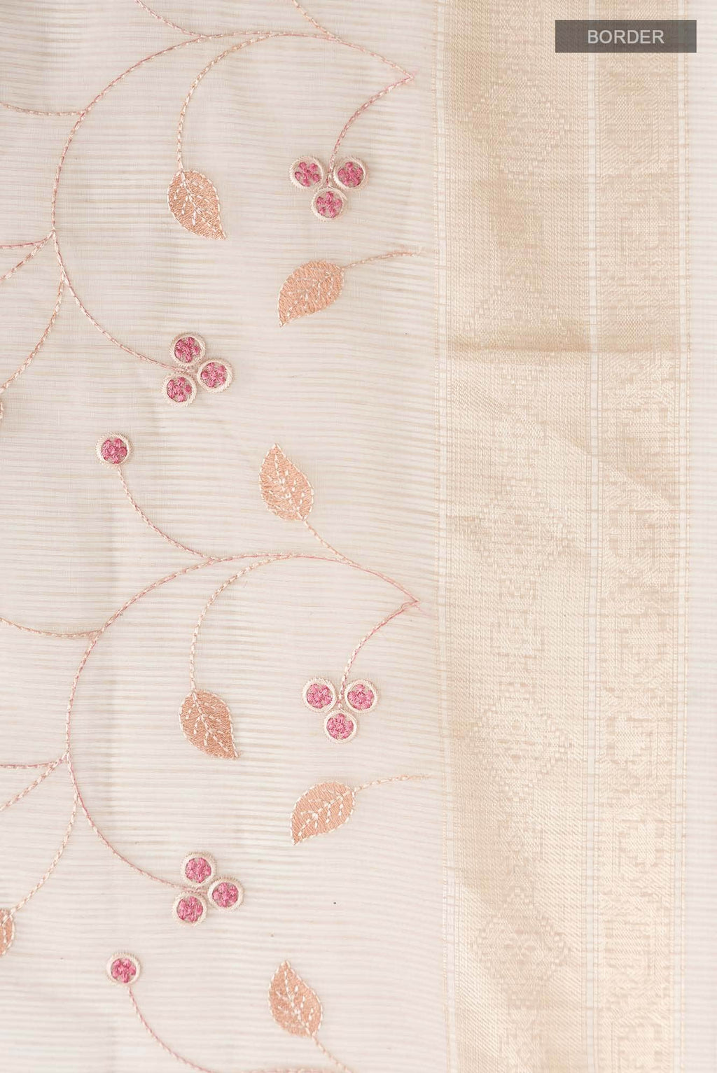 Beige Thread Embroidered Kota Cotton Saree with Zari Border