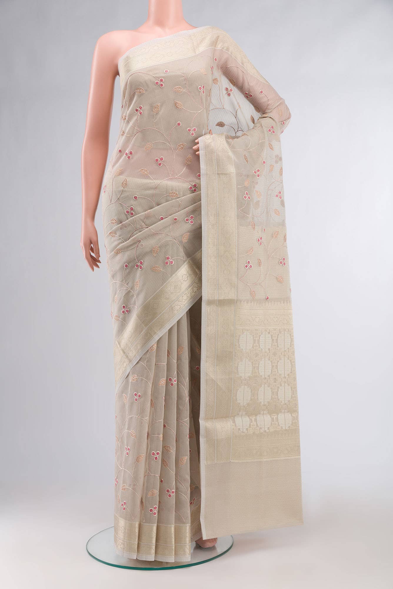 Beige Thread Embroidered Kota Cotton Saree with Zari Border
