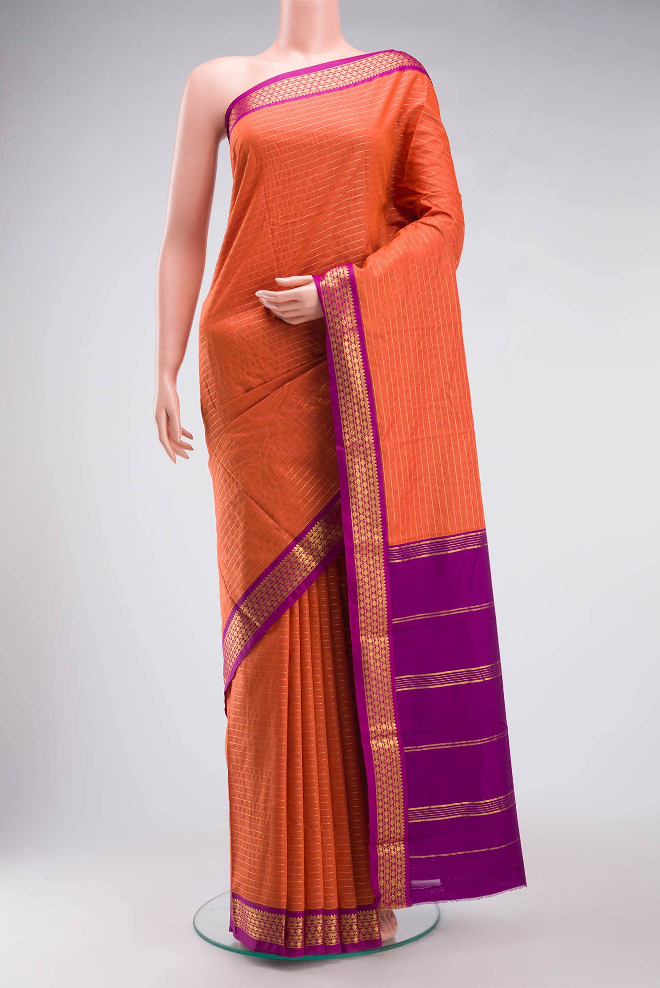 Orange Kalyani Cotton Saree with Zari Border