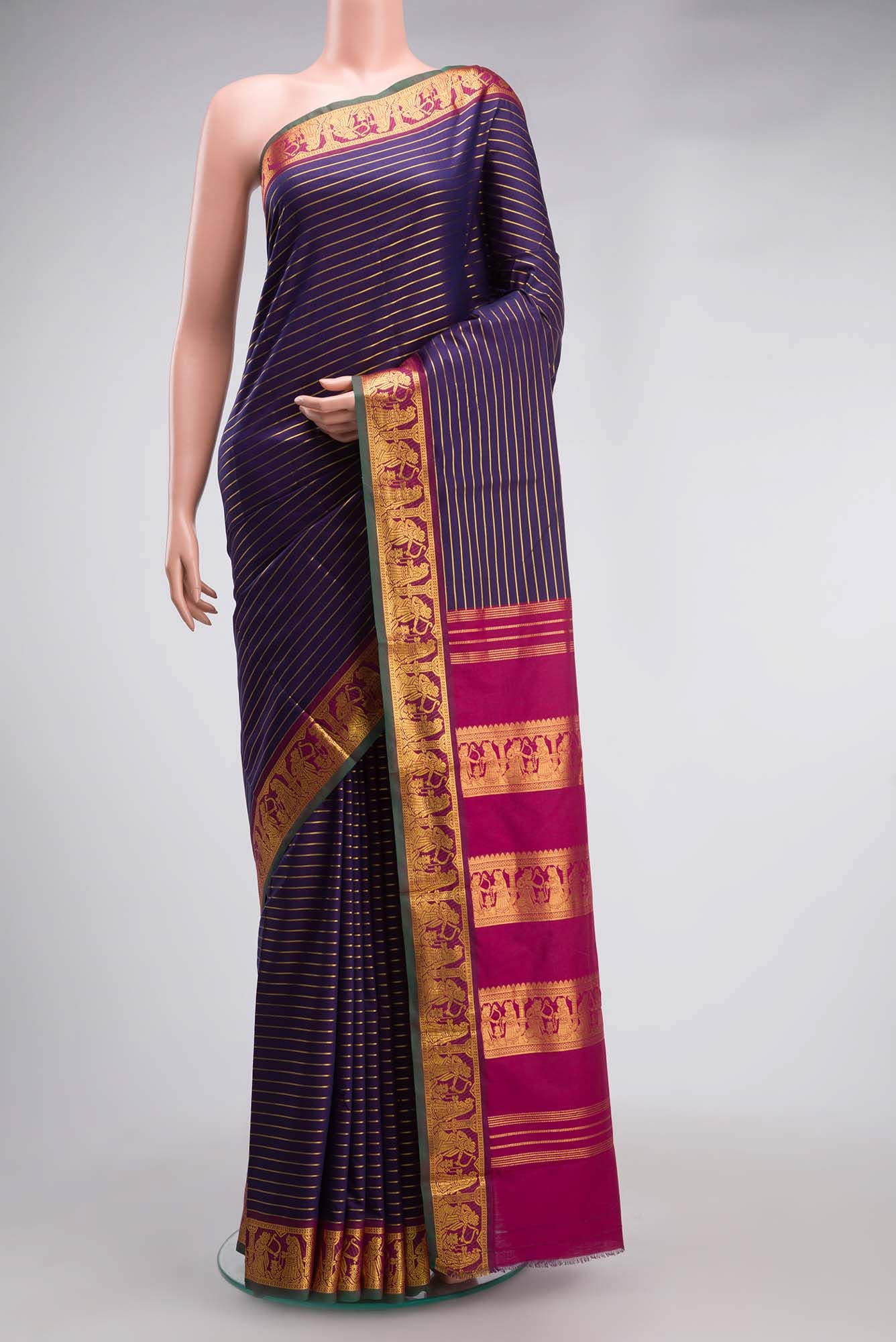 Navy Blue Kalyani Cotton Saree with Baluchari Zari Border