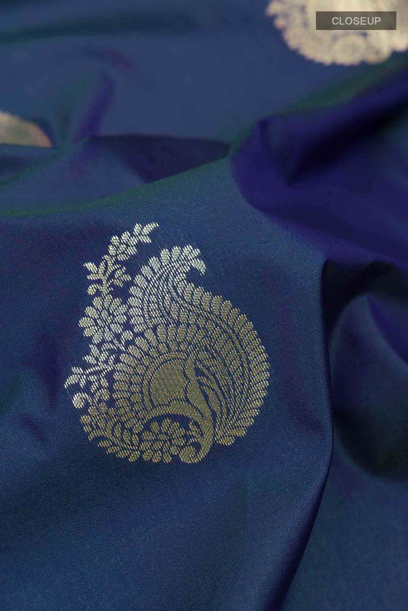 Blue Zari Butta Art Silk Saree with Contrast Border