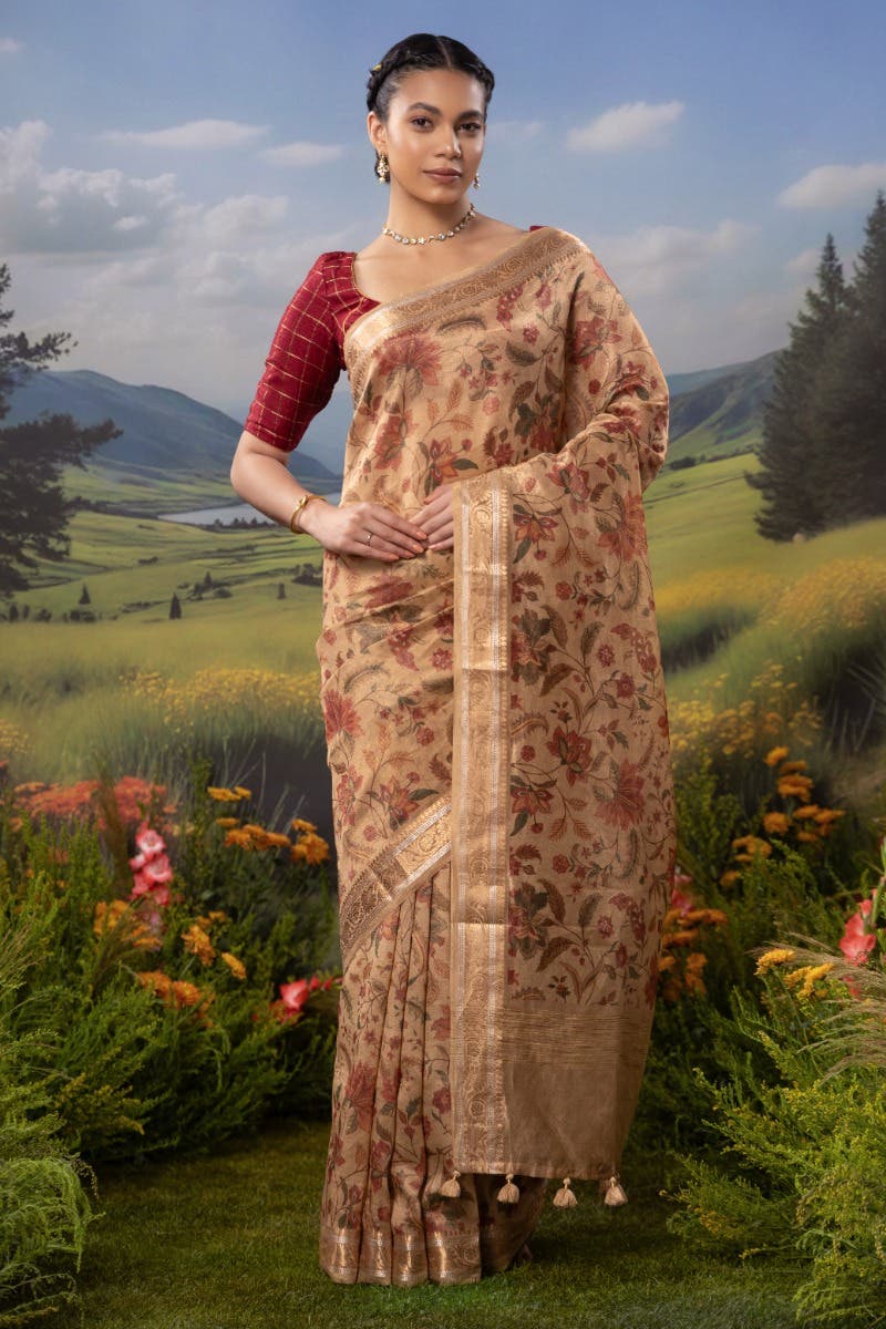 Floral Paradise-Beige Cotton Tissue Saree