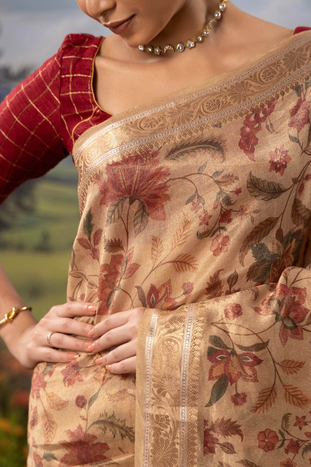 Floral Paradise-Beige Cotton Tissue Saree