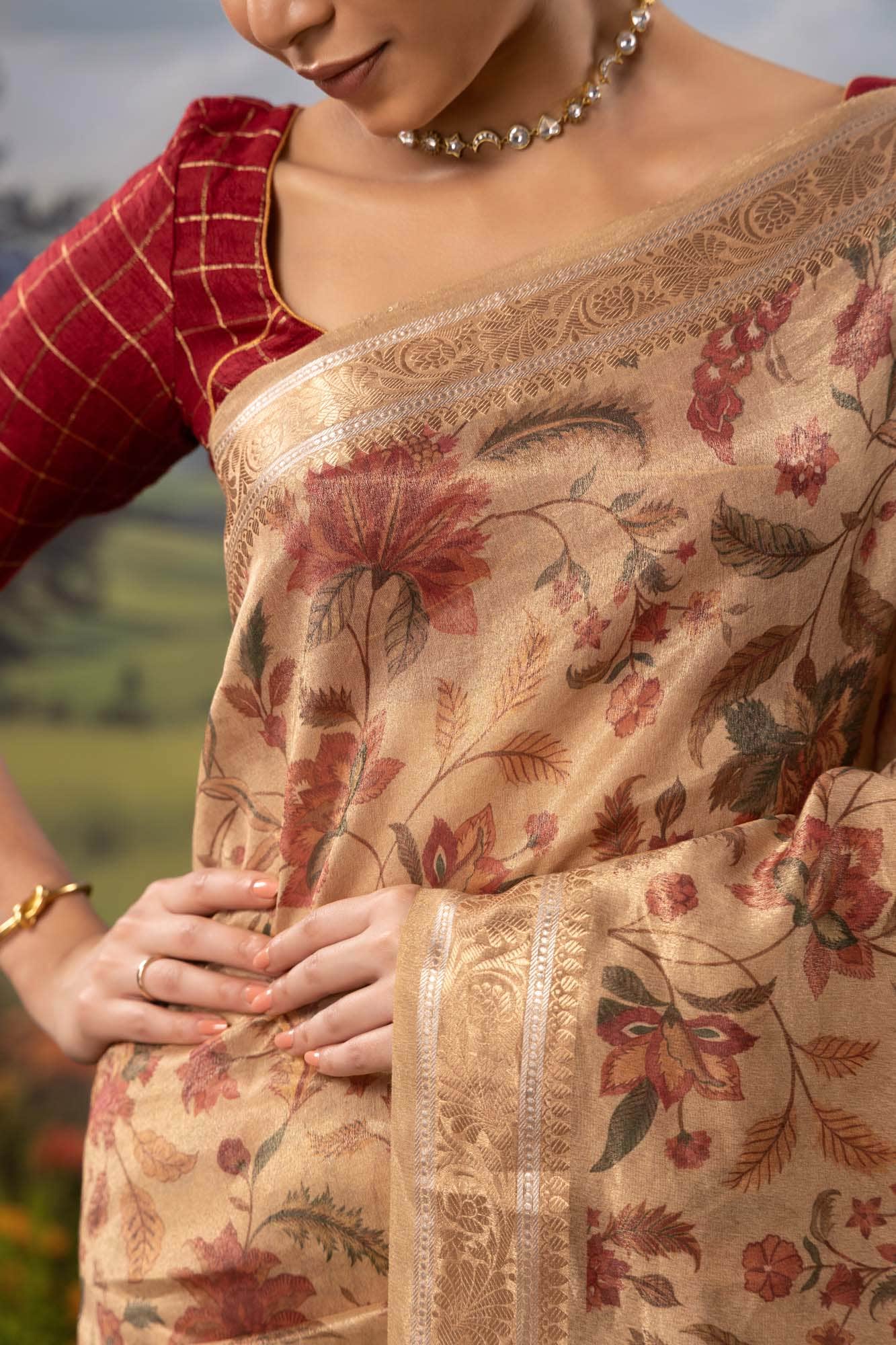 Floral Paradise-Beige Cotton Tissue Saree