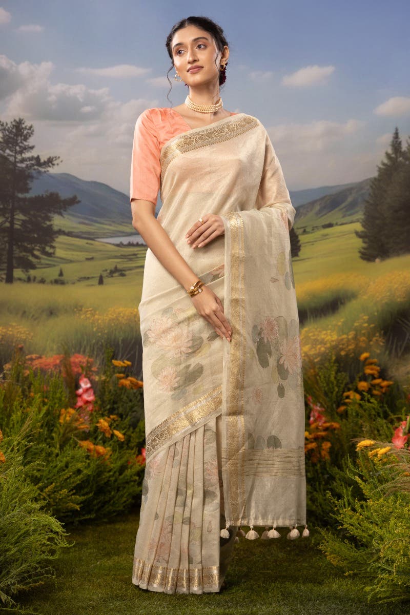 Song of Water Lilies-Beige Cotton Tissue Saree