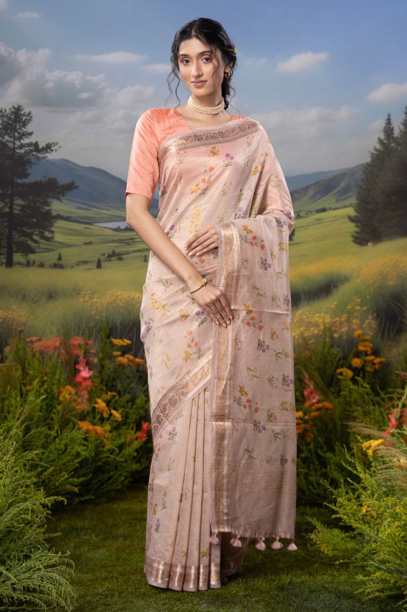 Radiant Pearl-Pastel pink Cotton Tissue Saree