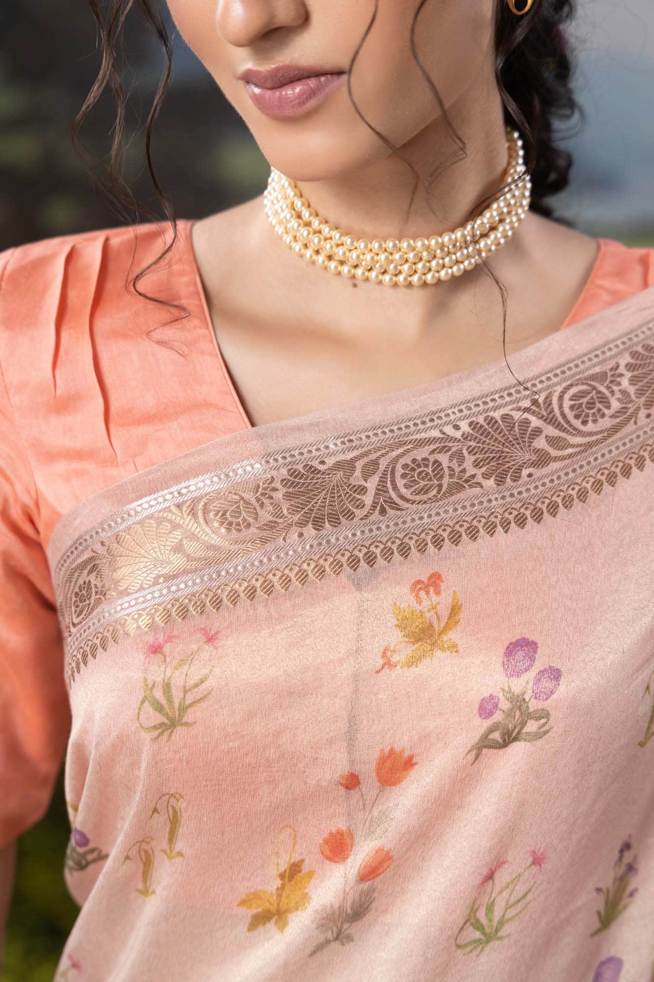 Radiant Pearl-Pastel pink Cotton Tissue Saree
