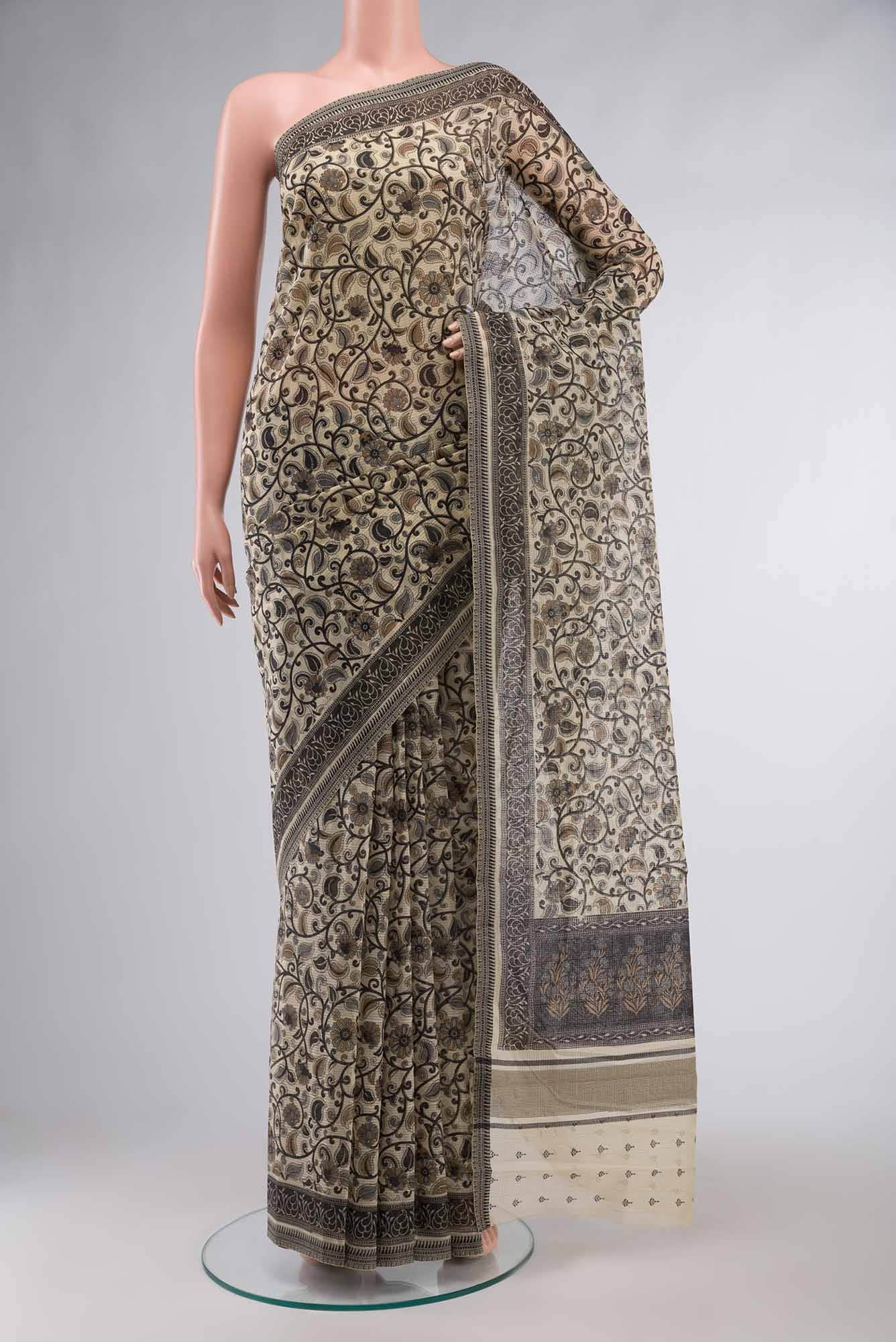 Beige Chanderi Silk Cotton Saree With Contrast Border