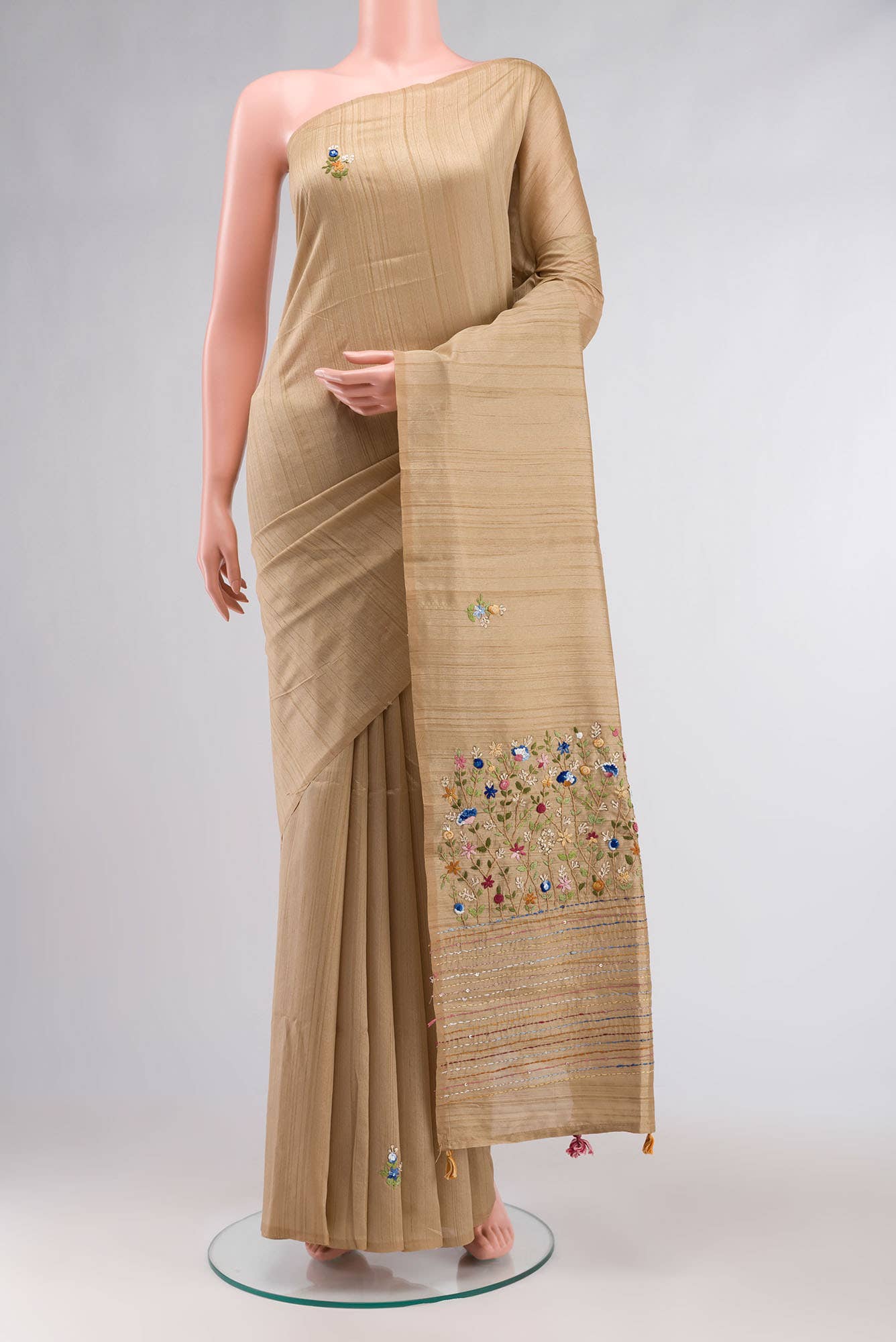 Beige Blended Tussar Silk Saree