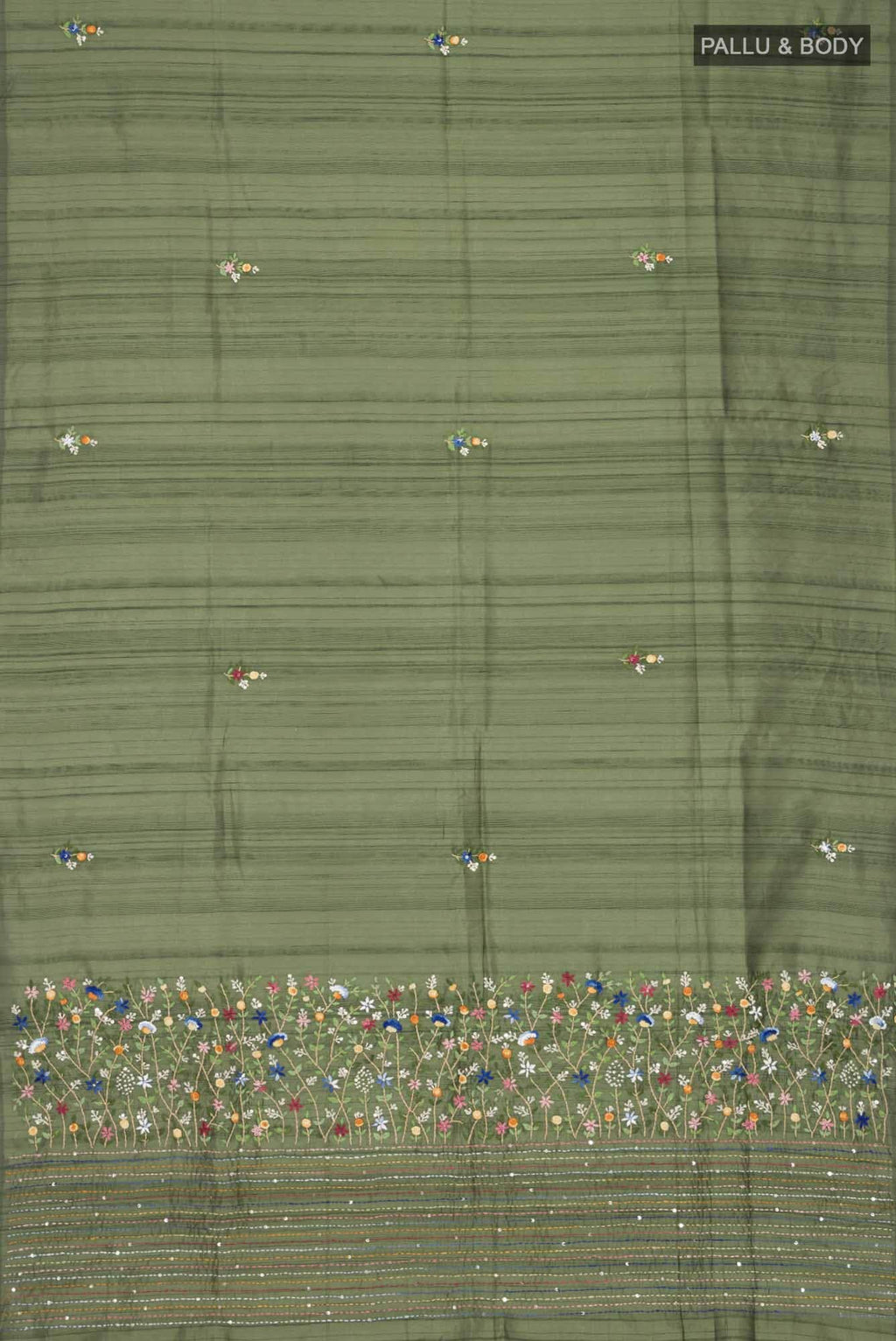 Green Borderless Tussar Silk Saree with Embroidered Pallu