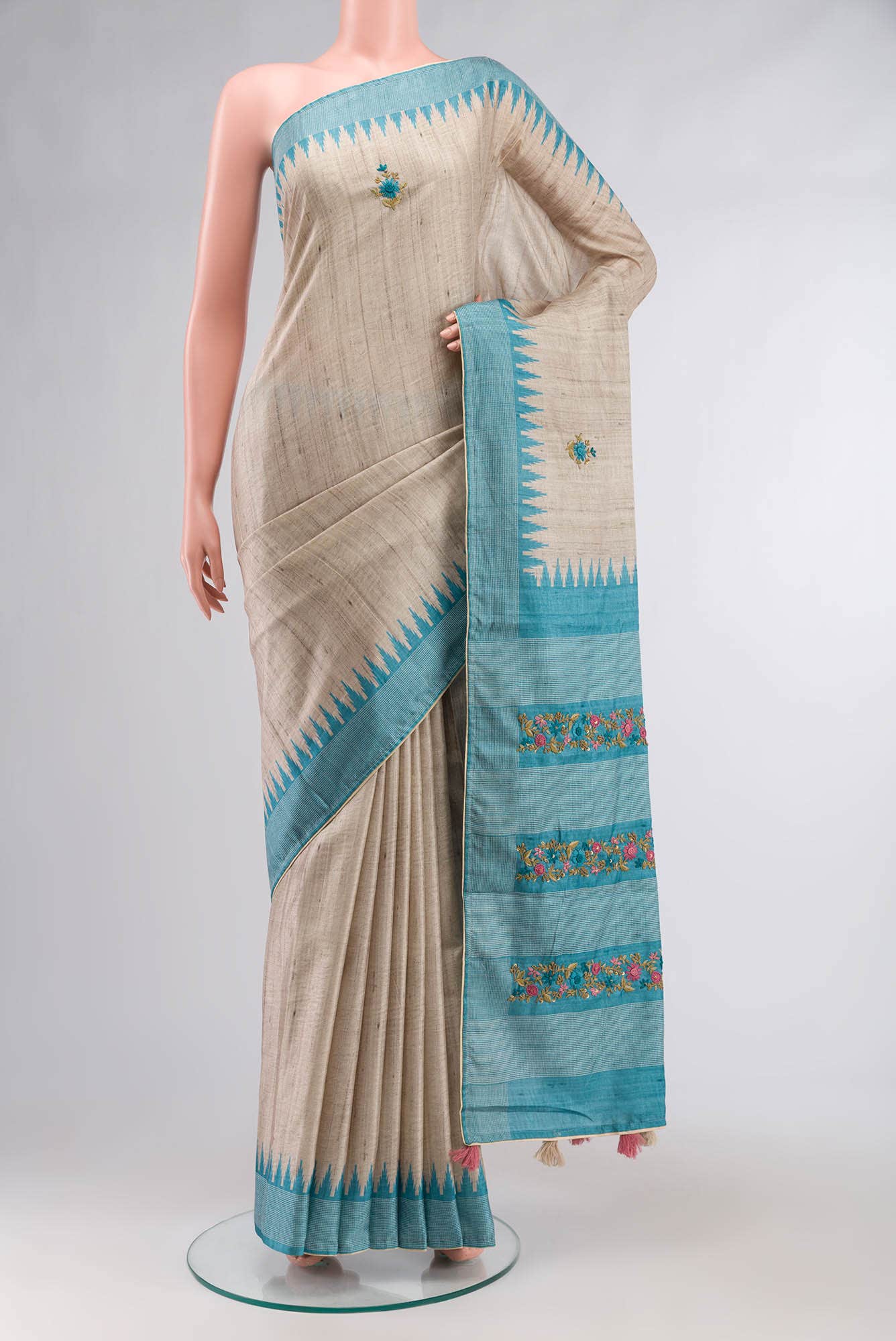 Beige Blended Tussar Silk Saree