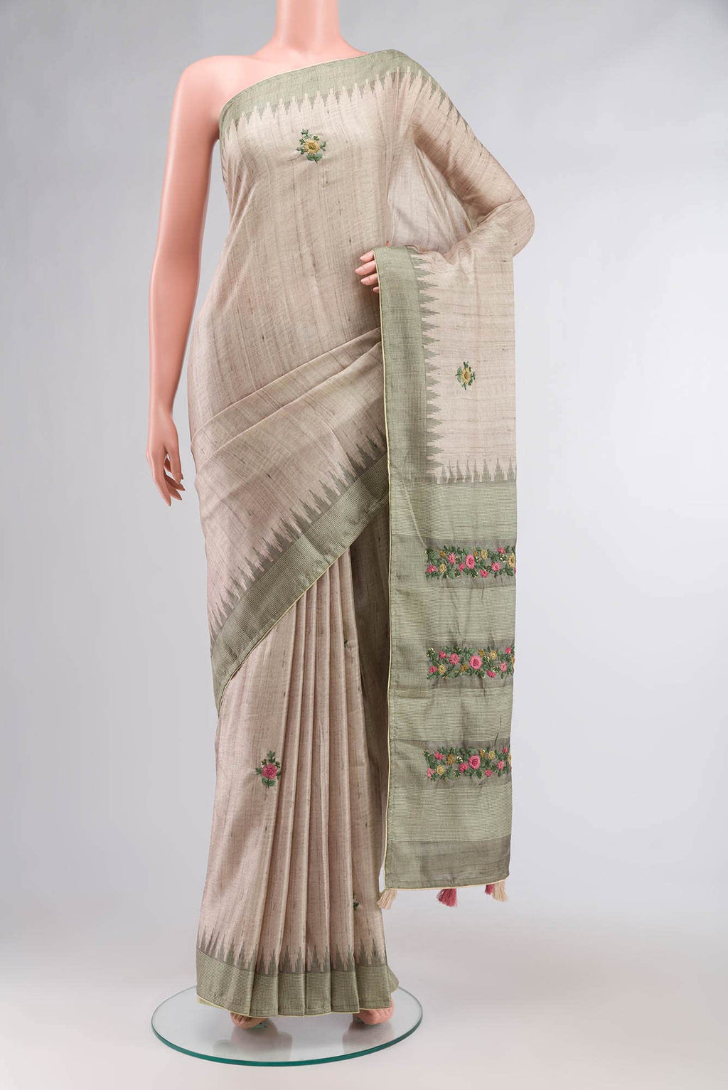 Beige Blended Tussar Silk Saree