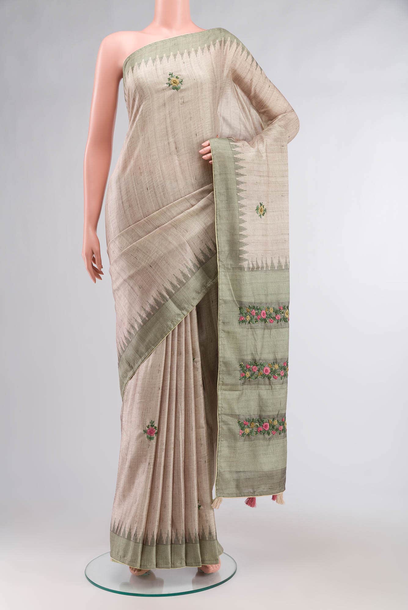 Beige Blended Tussar Silk Saree