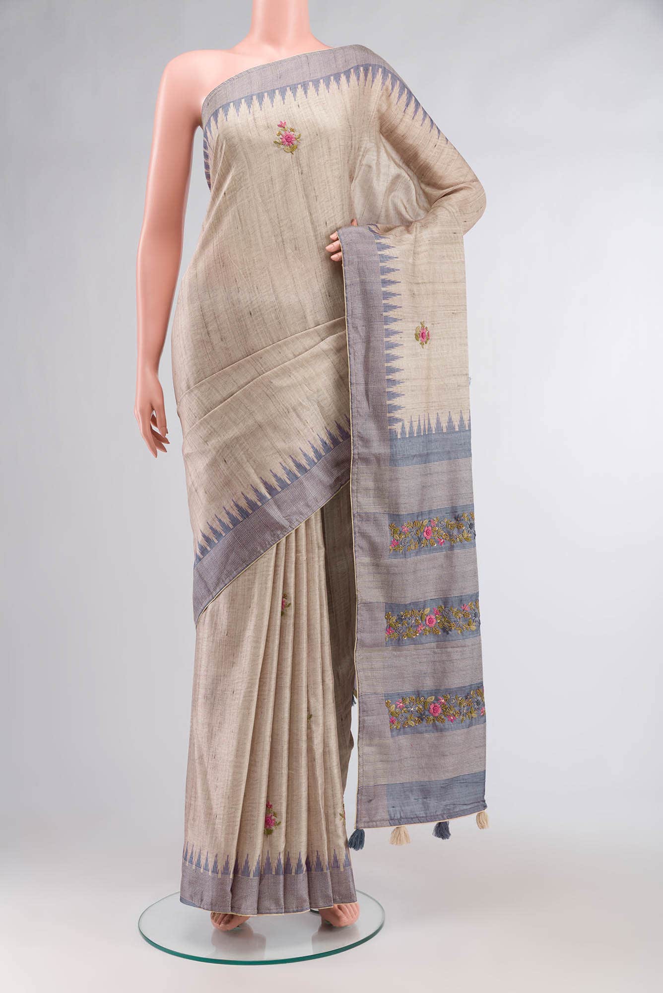 Beige Blended Tussar Silk Saree