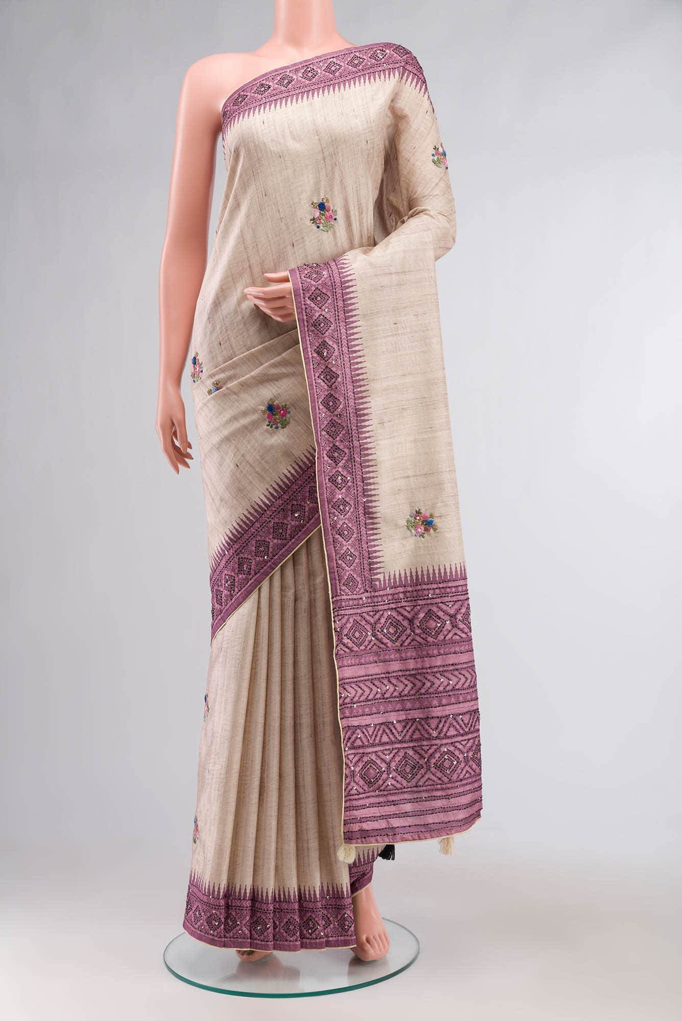 Beige Blended Tussar Silk Saree