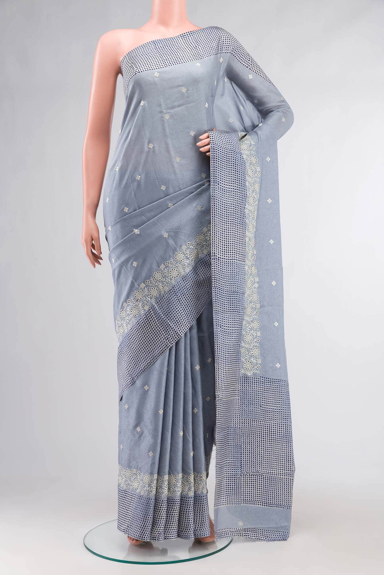 Blue Grey Blended Tussar Silk Saree