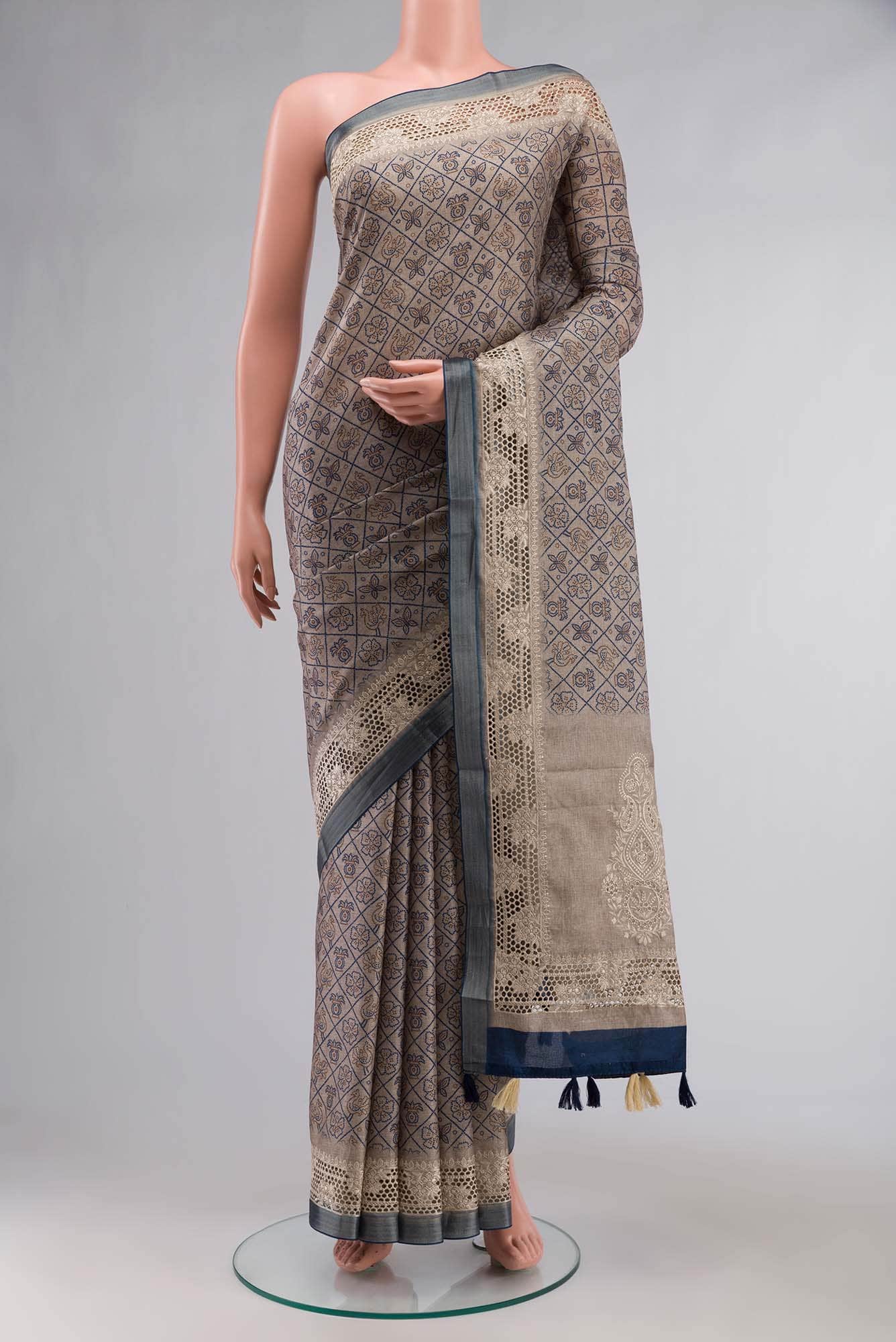 Beige Blended Tussar Silk Saree