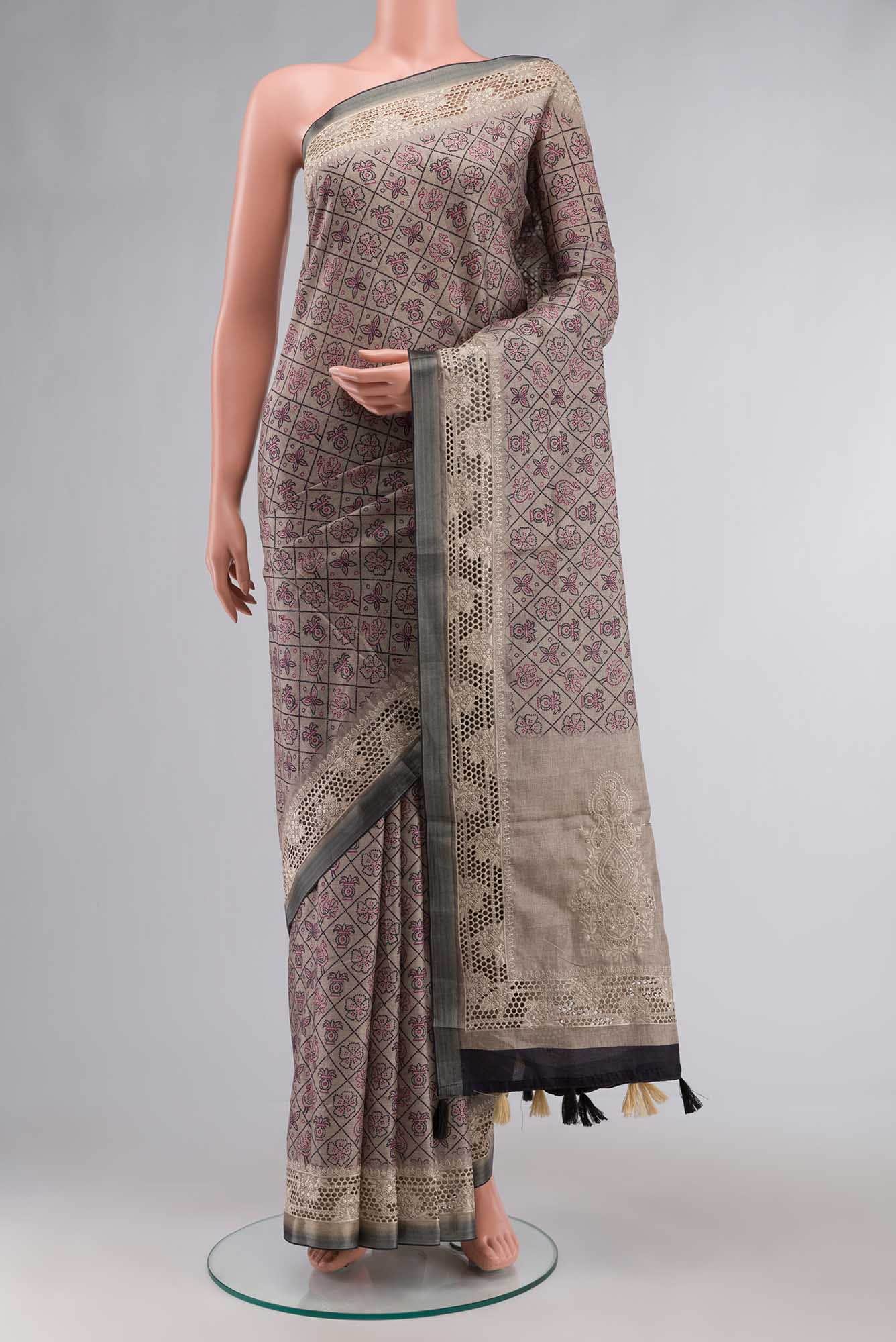Beige Blended Tussar Silk Saree