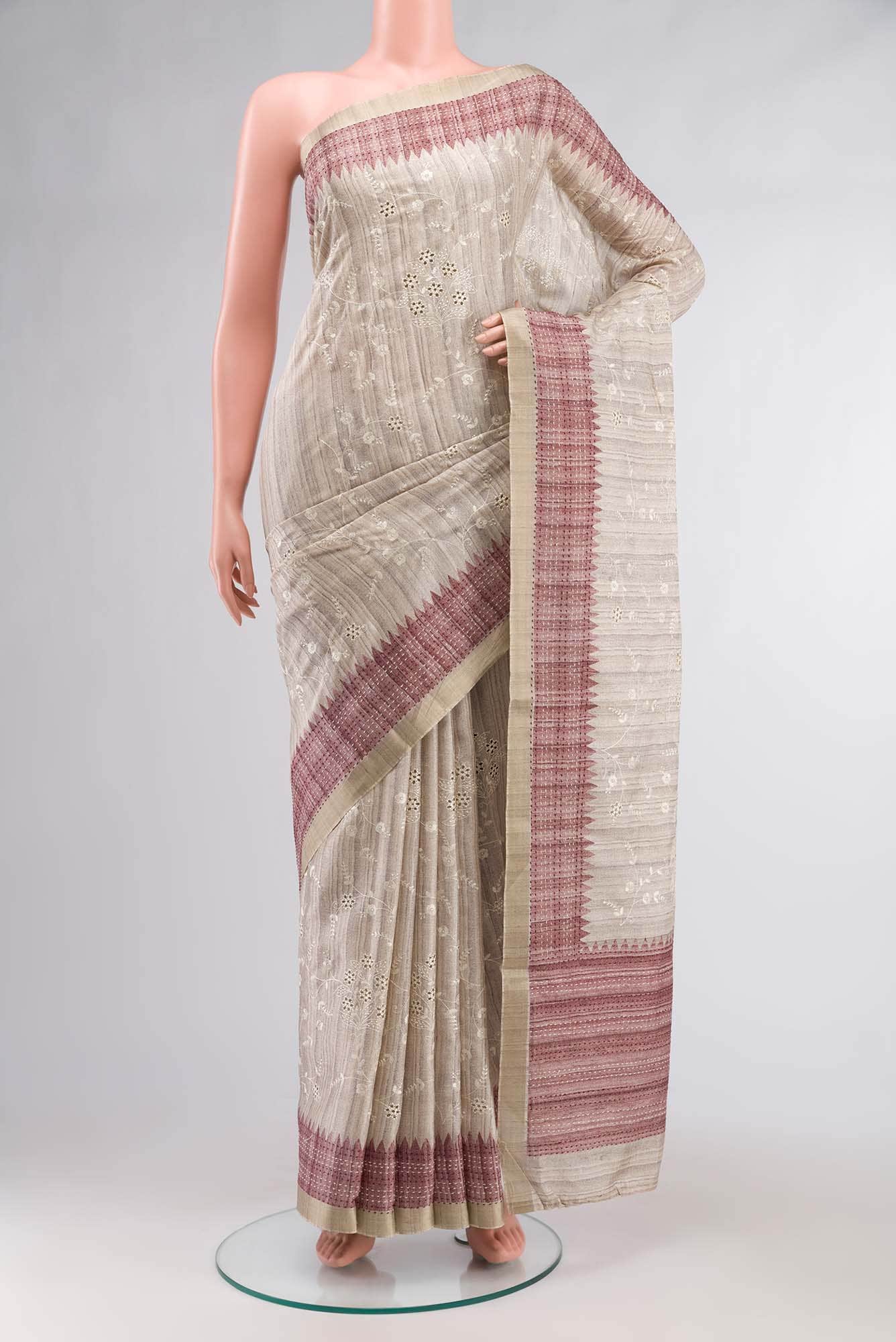 Beige Blended Tussar Silk Saree